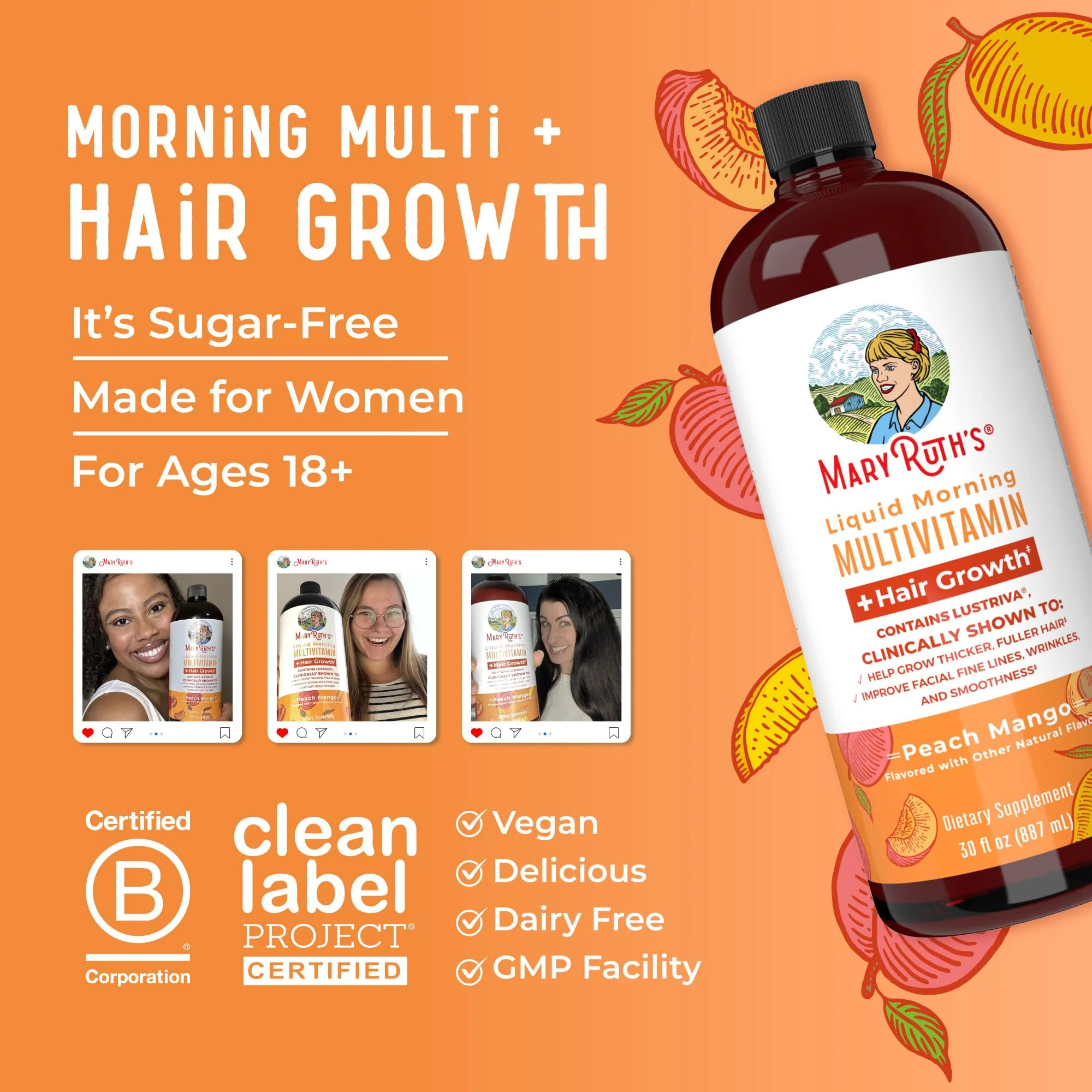 MaryRuth's Liquid Multivitamin + Hair Growth | Clinically Tested for Thicker Hair & Facial Wrinkles in Women | Biotin 10000mcg | Lustriva Hair Growth Supplements | Skin Care | Ages 18+ | 30 Fl Oz - Image 2