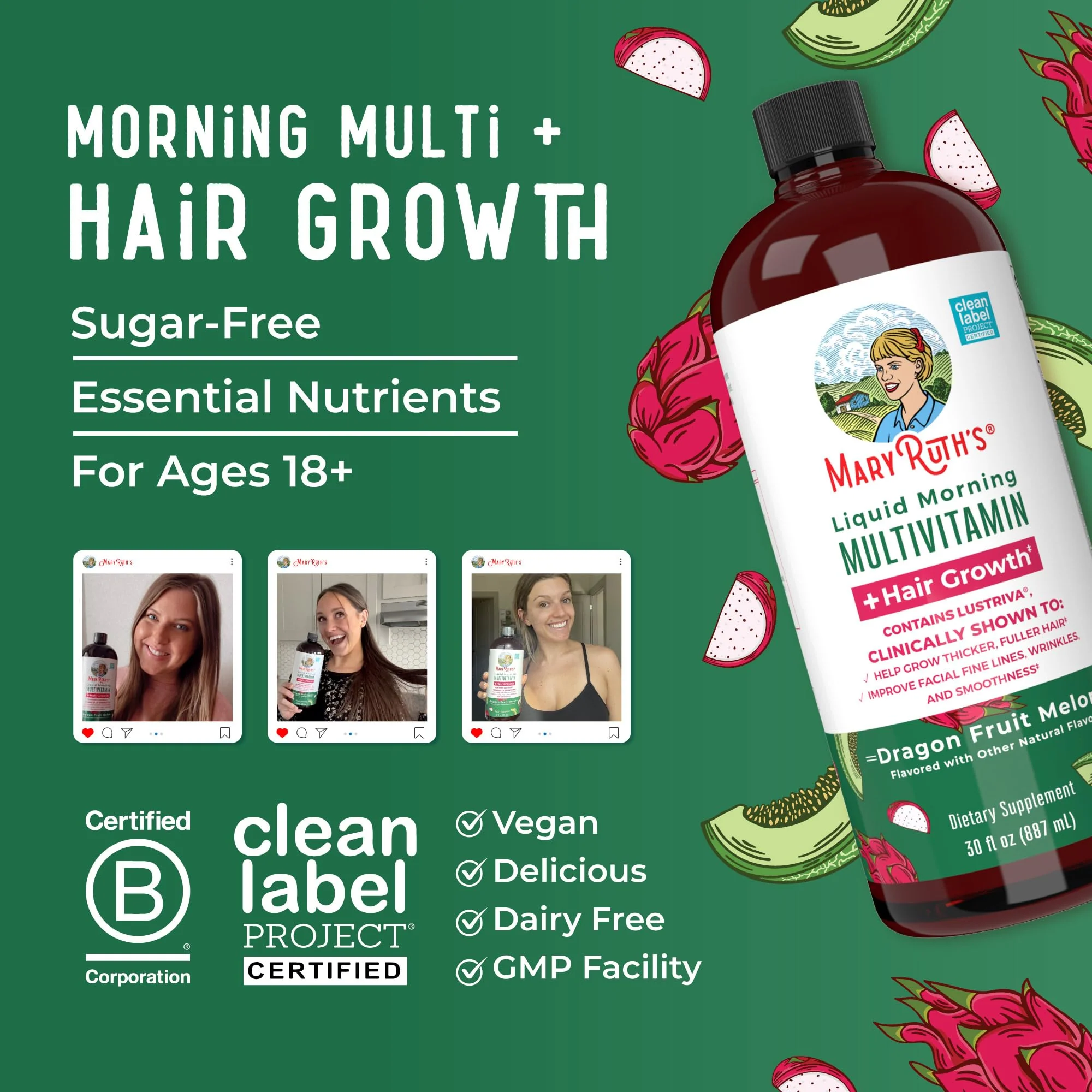 MaryRuth's Liquid Multivitamin + Hair Growth | Clinically Tested in Women for Thicker Hair & Facial Wrinkles | Biotin 10000mcg | Lustriva Hair Growth Supplements | Skin Care | Ages 18+ | 30 Fl Oz - Image 3