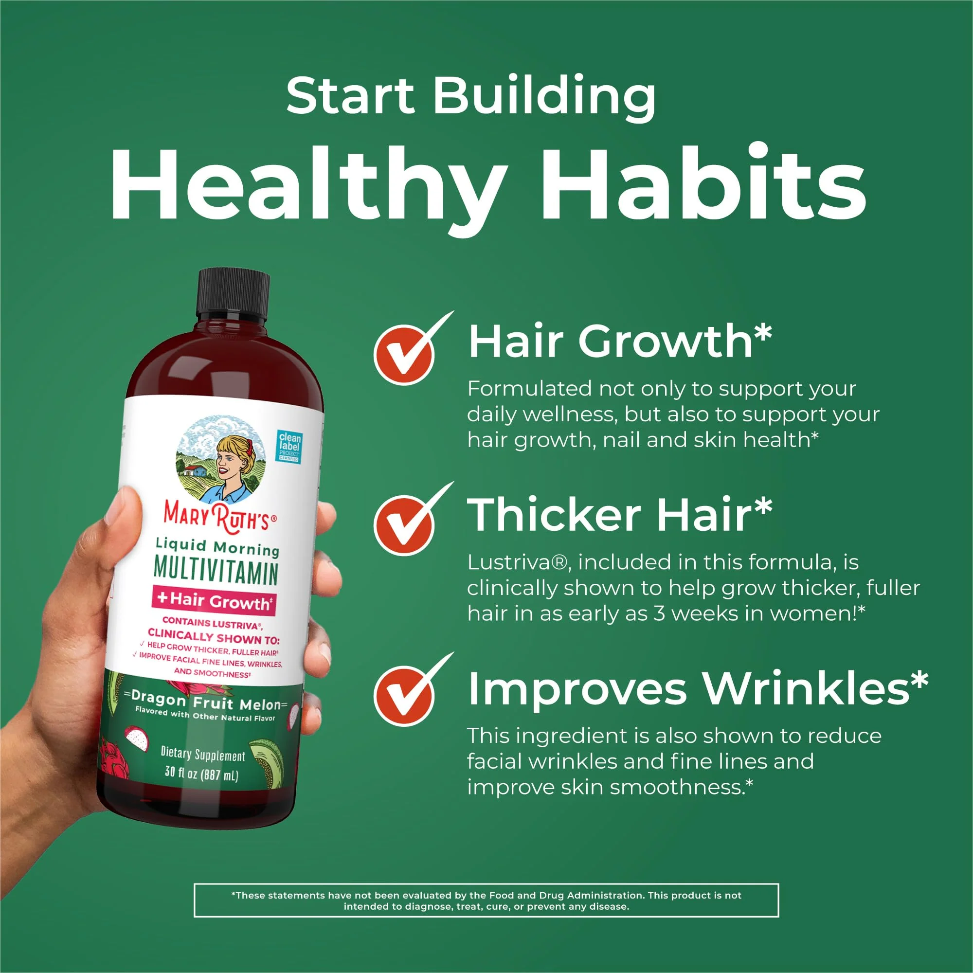 MaryRuth's Liquid Multivitamin + Hair Growth | Clinically Tested in Women for Thicker Hair & Facial Wrinkles | Biotin 10000mcg | Lustriva Hair Growth Supplements | Skin Care | Ages 18+ | 30 Fl Oz - Image 6