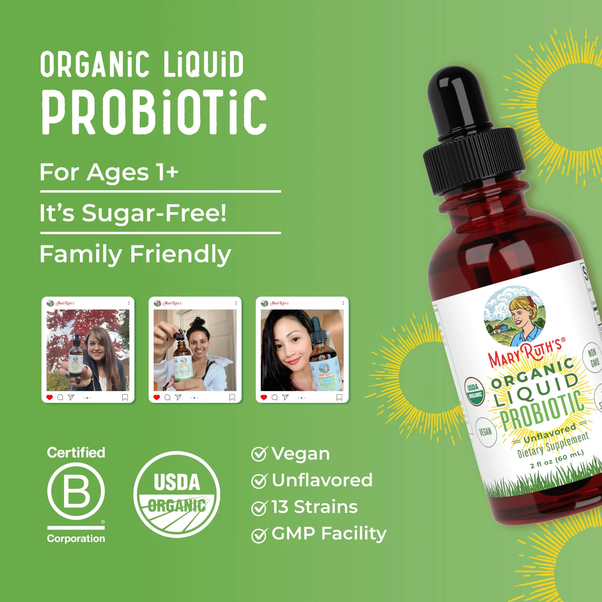 MARYRUTH'S Organics Liquid Probiotic for Ages 4+ | 2 Billion CFU | 13 Probiotic Strains | Gut Health & Digestive Support | Gas & Bloating Support | Vegan | Gluten Free | Travel-Friendly | 20 Servings - Image 3