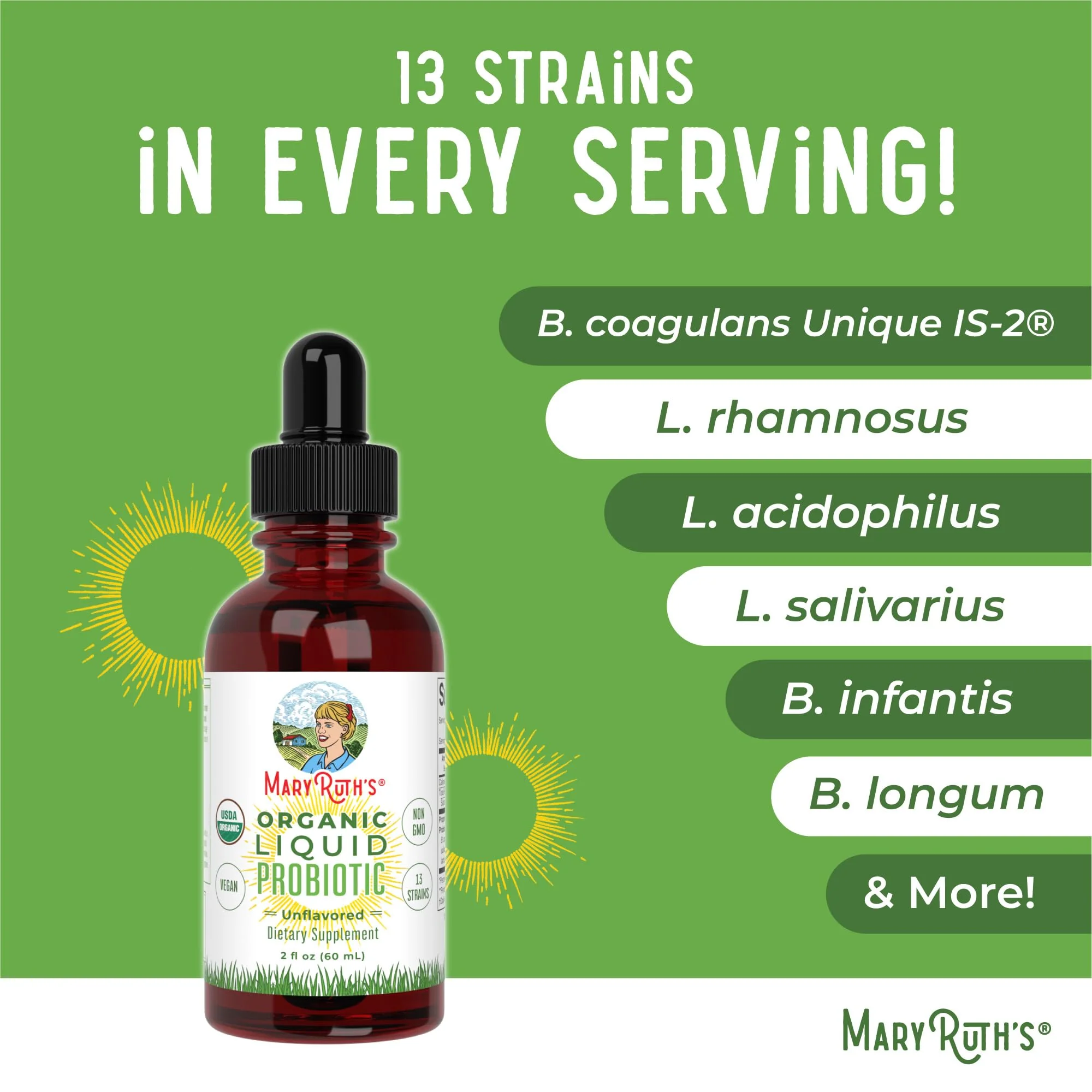 MARYRUTH'S Organics Liquid Probiotic for Ages 4+ | 2 Billion CFU | 13 Probiotic Strains | Gut Health & Digestive Support | Gas & Bloating Support | Vegan | Gluten Free | Travel-Friendly | 20 Servings - Image 4