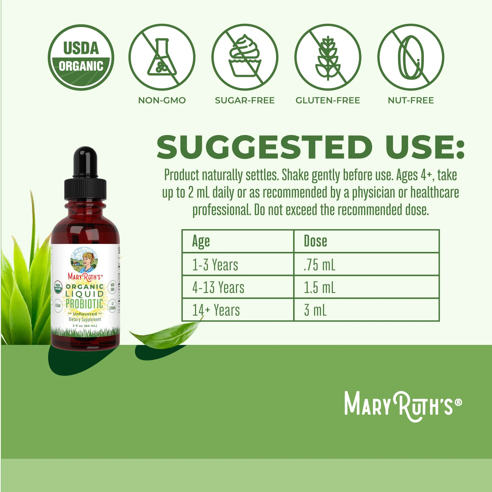 MARYRUTH'S Organics Liquid Probiotic for Ages 4+ | 2 Billion CFU | 13 Probiotic Strains | Gut Health & Digestive Support | Gas & Bloating Support | Vegan | Gluten Free | Travel-Friendly | 20 Servings - Image 8