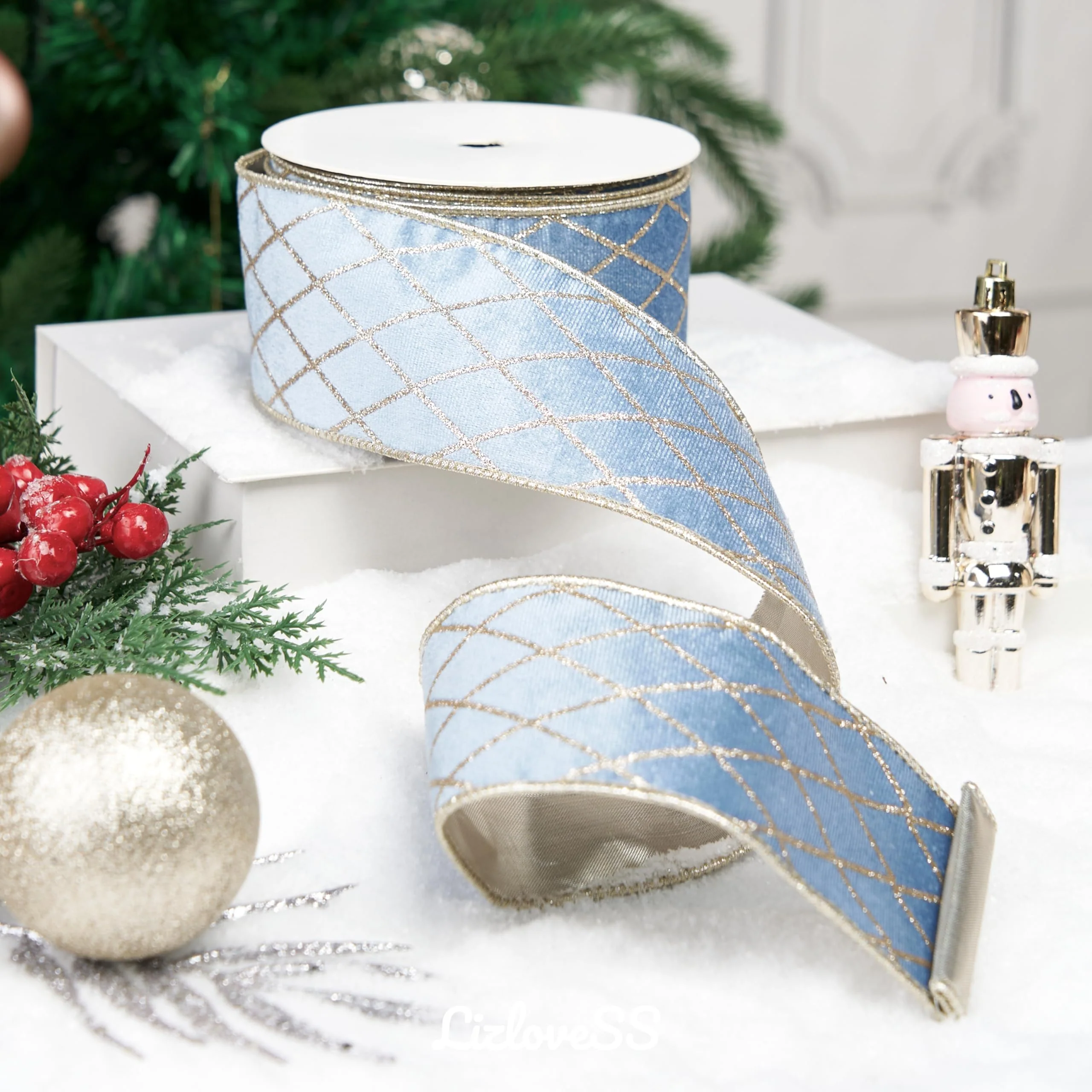MAYREEL 2.5 Inch Dusty Blue and Gold Velvet Wired Ribbon Metallic Diamond Glitter Grid for Christmas Gift Wrapping Floral Craft Bows Wreaths Garland Holiday Decor 10 Yards - Image 4