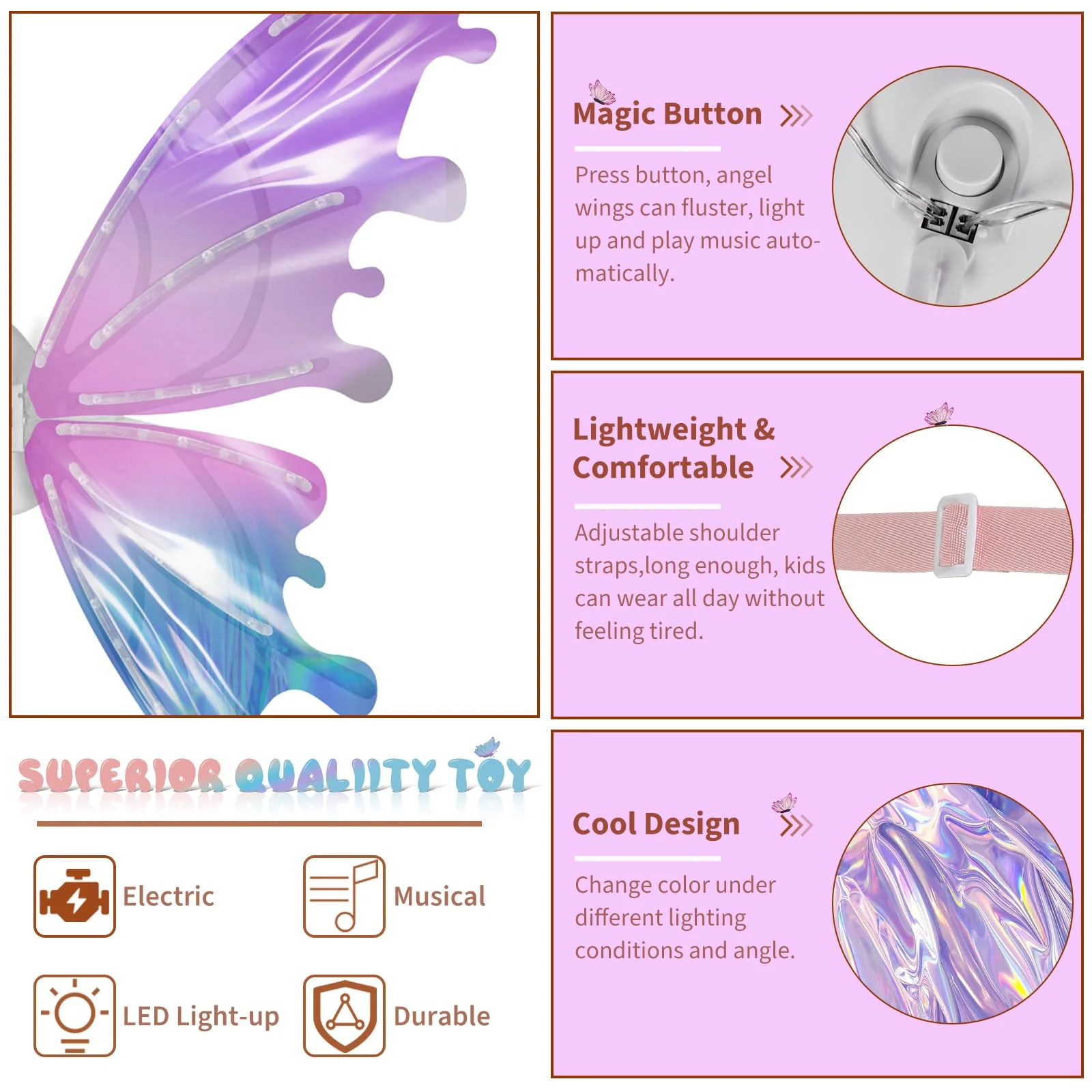 maysida Electric Fairy Wings for Girls, Light Up Moving Butterfly Wings with LED Lights and Music, Toy for Kids as Halloween Valentine Birthday Christmas Party Costume Princess Cosplay Dress Up Gift - Image 3