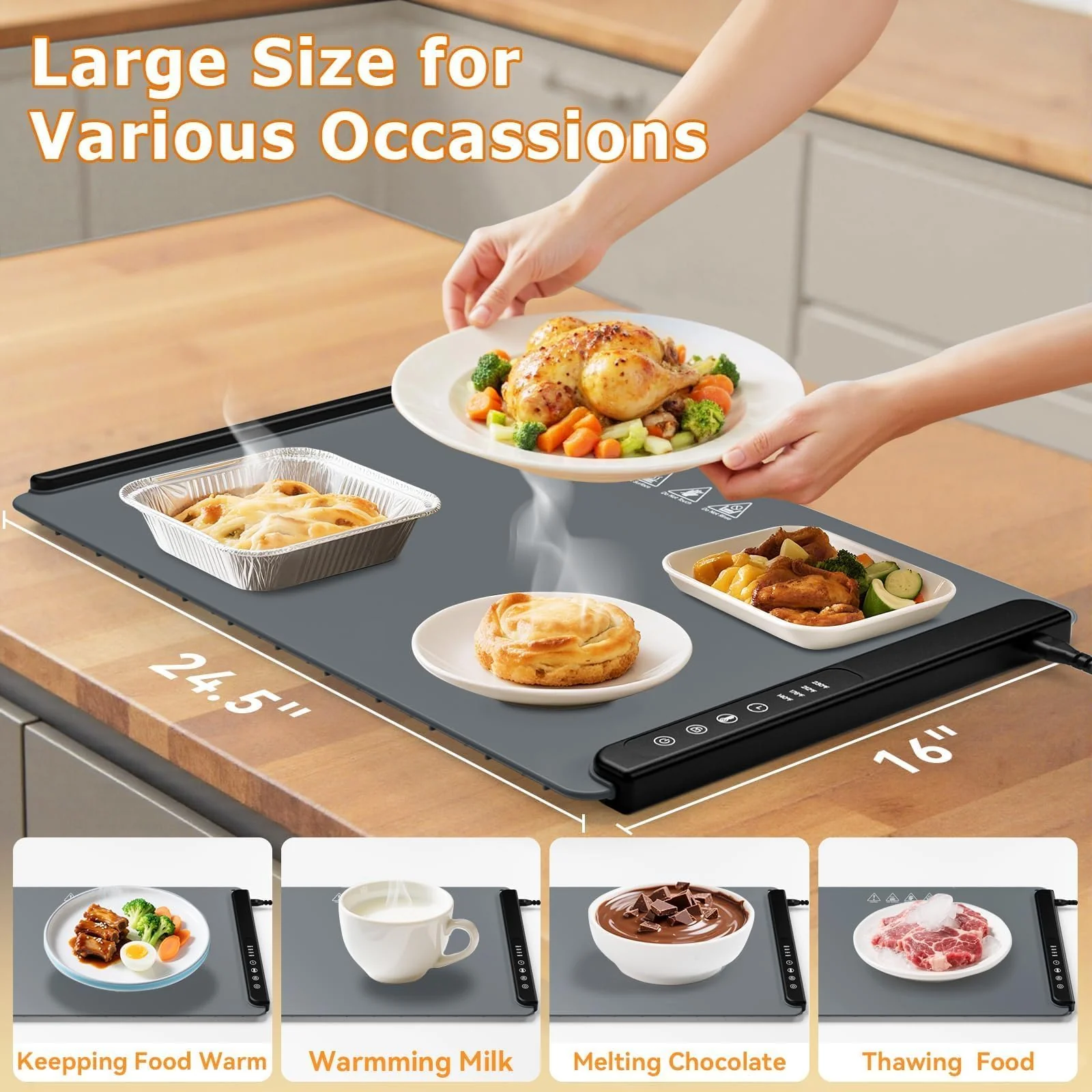 MealHelper Warming Mat for Food, Portable Food Warming Mat For Countertop, Full Surface Electric Warming Tray with Safety Lock, 4 Temp Levels & 6-Hour Timer for for Parties, Buffets & Home Use (Grey) - Image 8