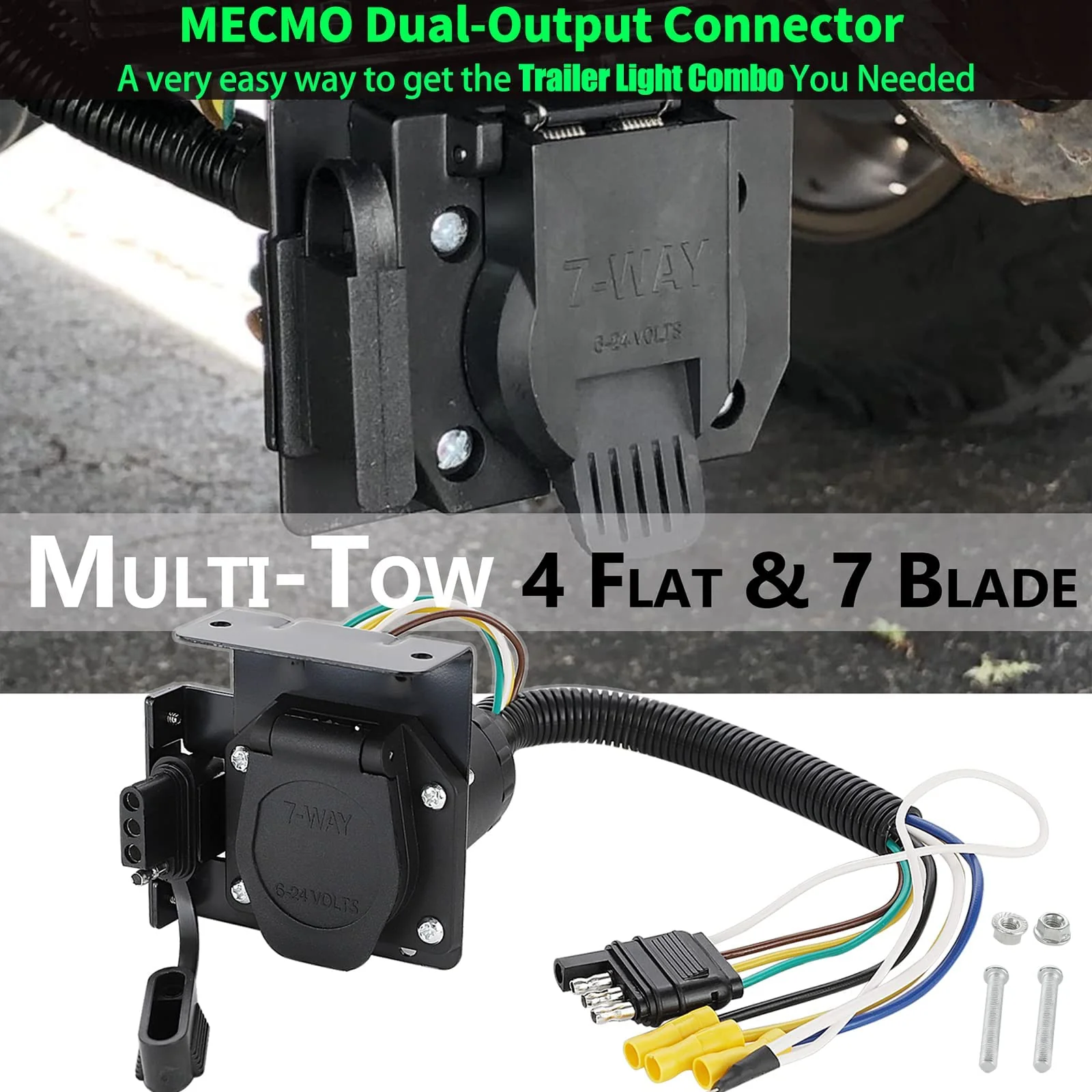 MECMO Multi-Tow 4-Way Flat to 7-Way RV Blade and 4-Way Flat Female End Trailer Wiring Adapter Connector Kit, 4 Pin Vehicle-Side Trailer Light Plug to Dual-output 7 Blade & 4 Flat with Mounting Bracket - Image 8