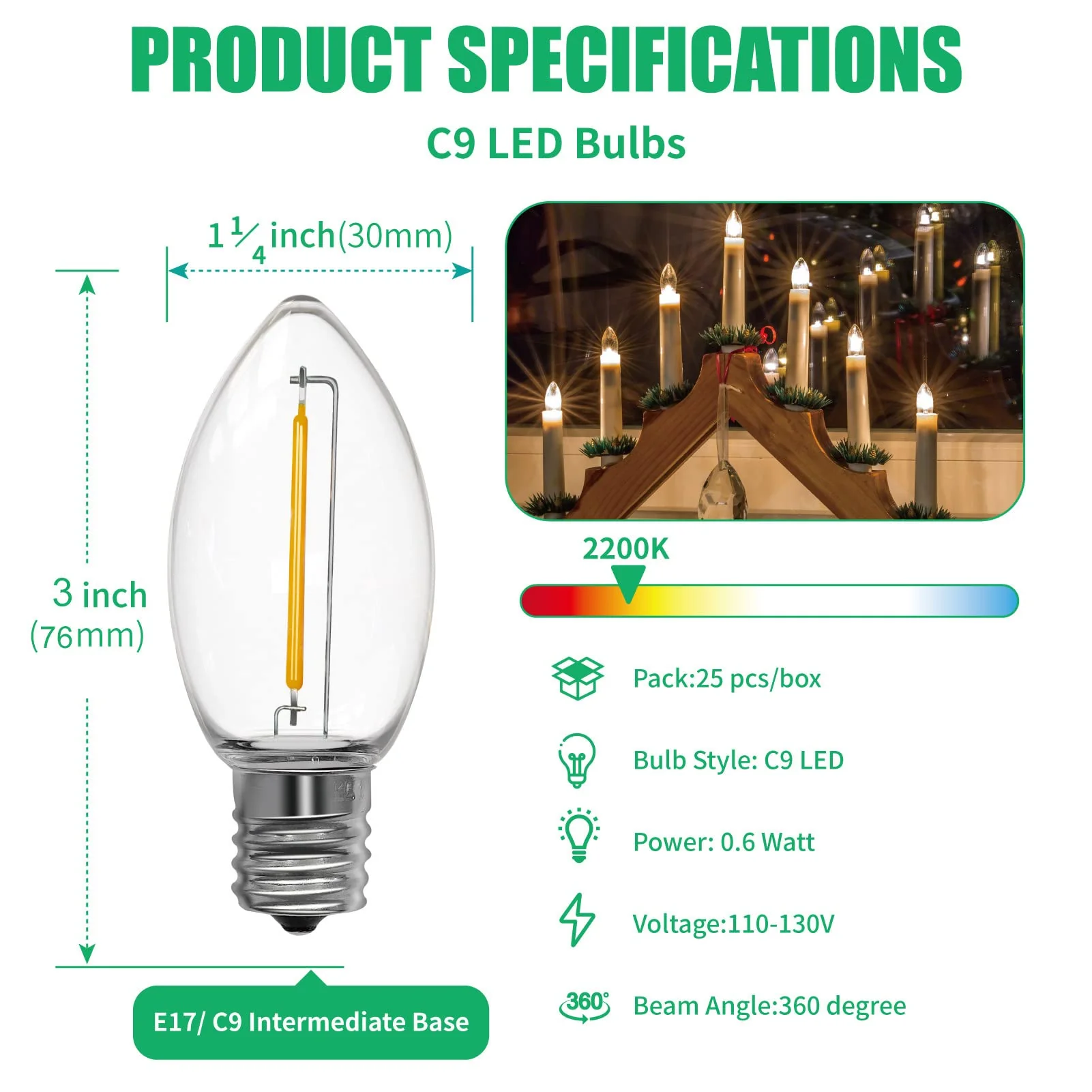Meconard C9 Led Replacement Christmas Light Bulbs, 100 Pack C9 Shatterproof Plastic Led Bulbs for Christmas Outdoor String Lights, E17 Intermediate Base, Commercial Grade Holiday Bulbs, Warm White. - Image 7