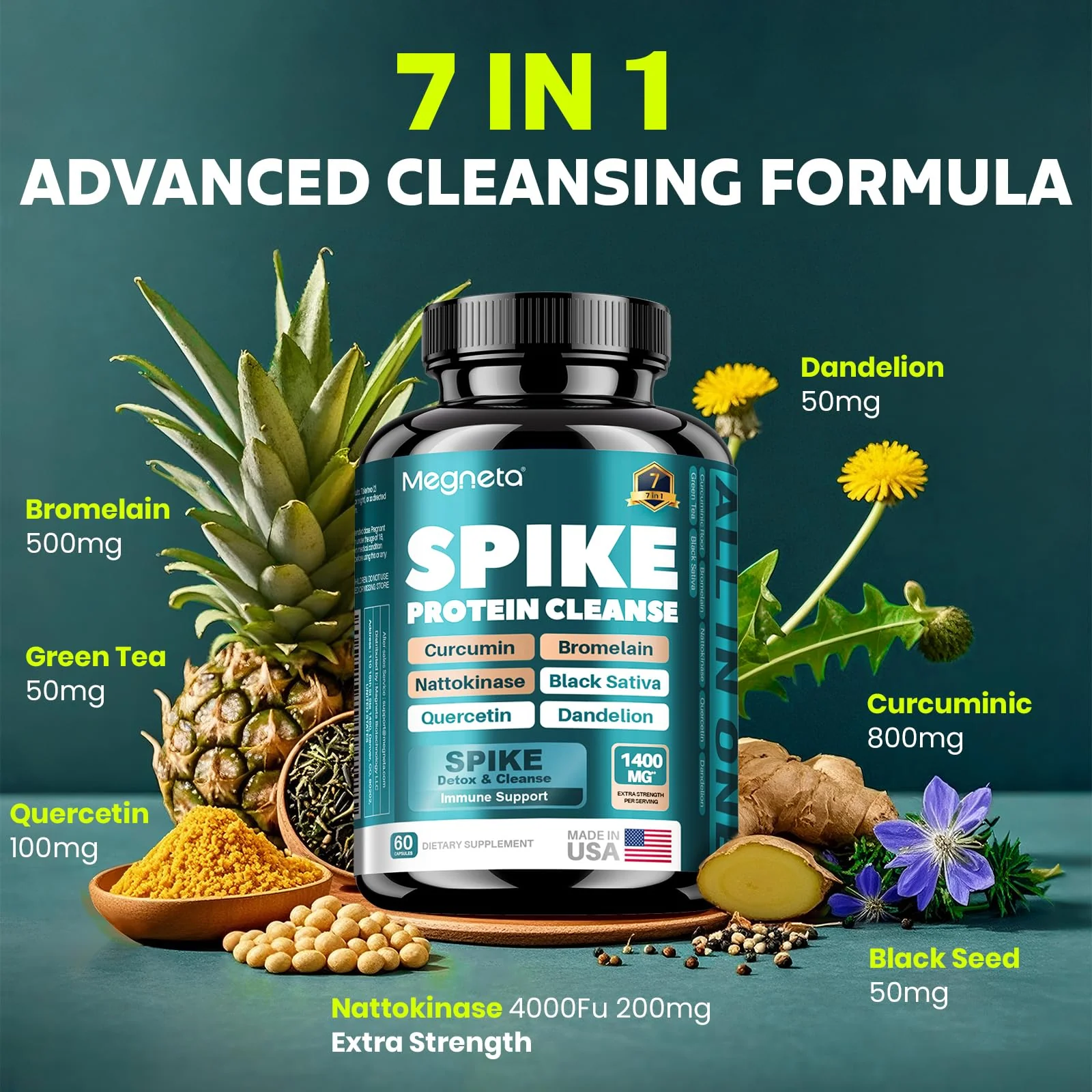 MEGNETA Spike Support Supplement Triple Matrix - 4000FU Nattokinase & 500mg Bromelain | Curcumin 800mg + Quercetin Synergy | Plant-Based Antioxidant Blend with Dandelion | Non-GMO | 60 Capsules - Image 7