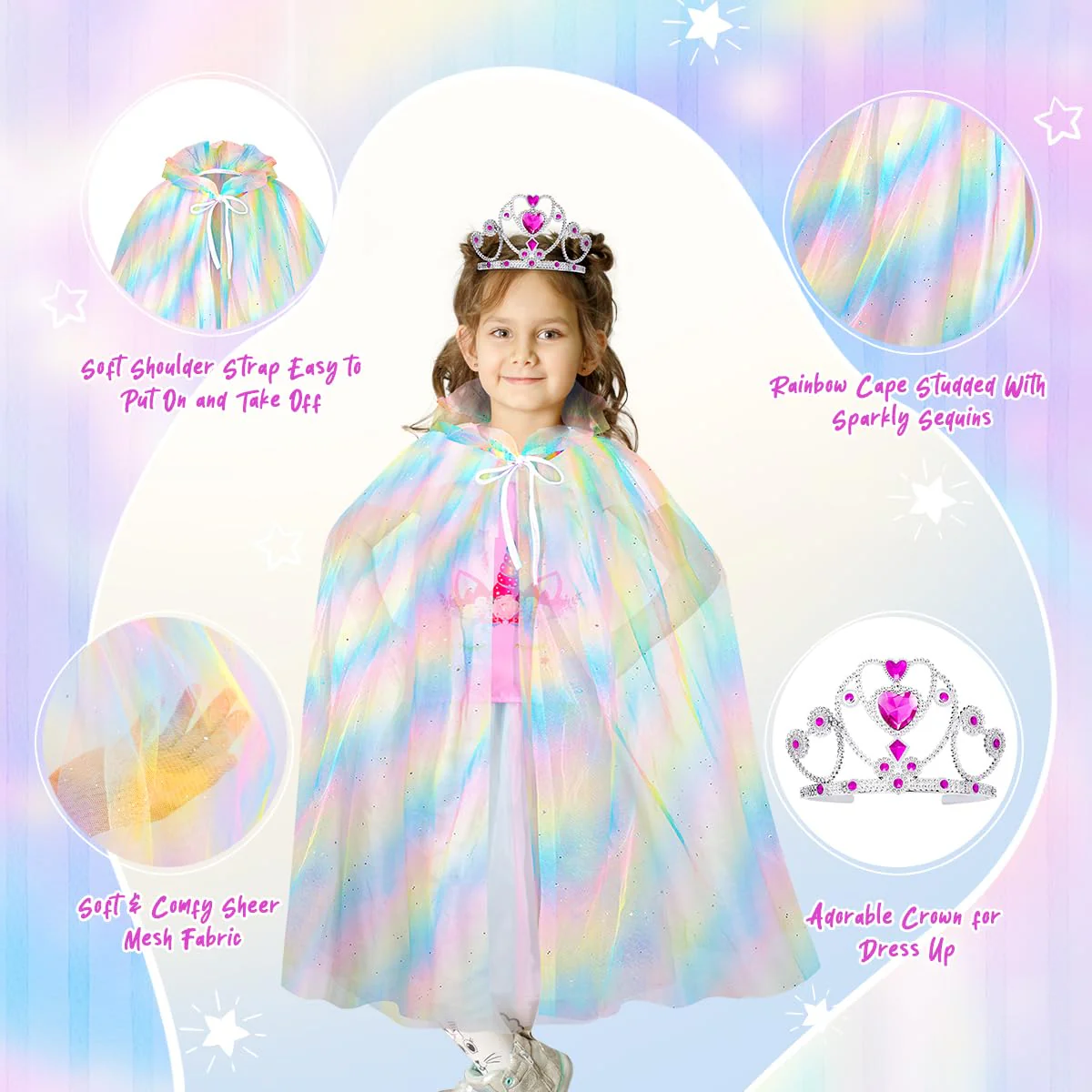 Meland Princess Dress Up for Girls - Dress Up Clothes for Little Girls with Cape, Princess Toys for Girls Age 3,4,5,6 Year Old, Christmas Birthday Gift for Toddler Girls Halloween Role Play - Image 7