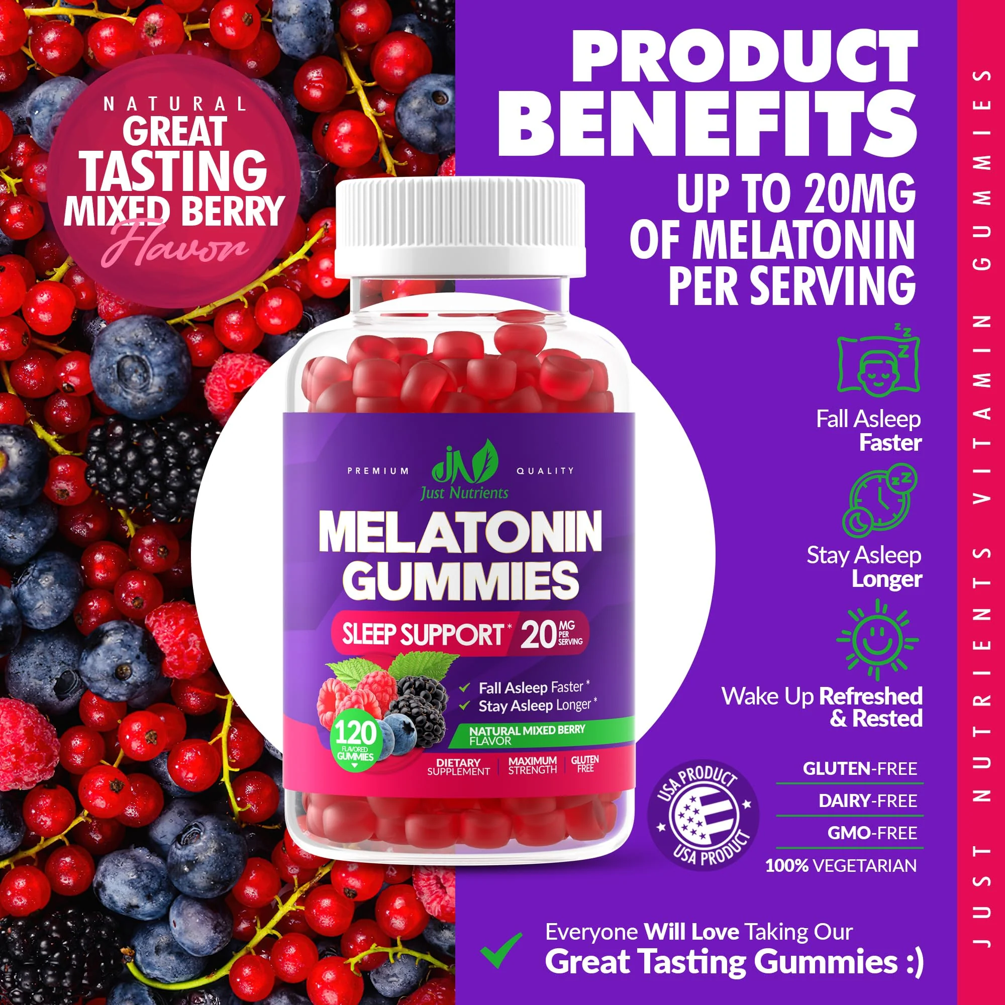 Melatonin 20mg Gummies for Adults (120 Count) - Maximum Strength Sleep Aid with 10mg of Melatonin Per Gummy - Gluten-Free, Non-GMO, Vegetarian, Great Tasting Mixed Berry Flavor - 60 Servings - Image 4