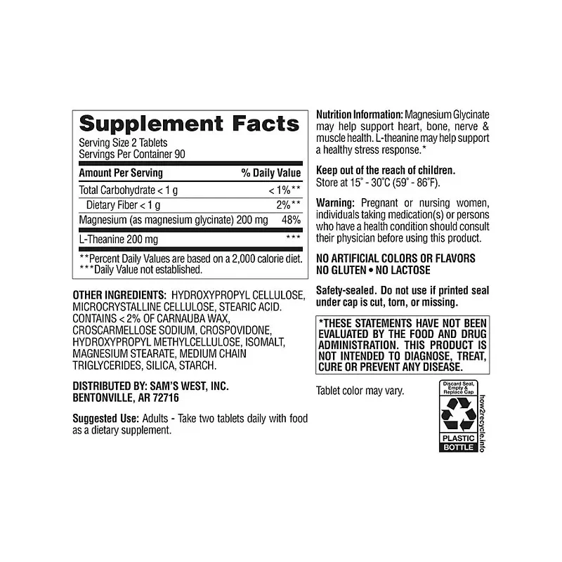 Member's Mark Magnesium Glycinate with L-Theanine Tablets, 180 ct. - Image 2