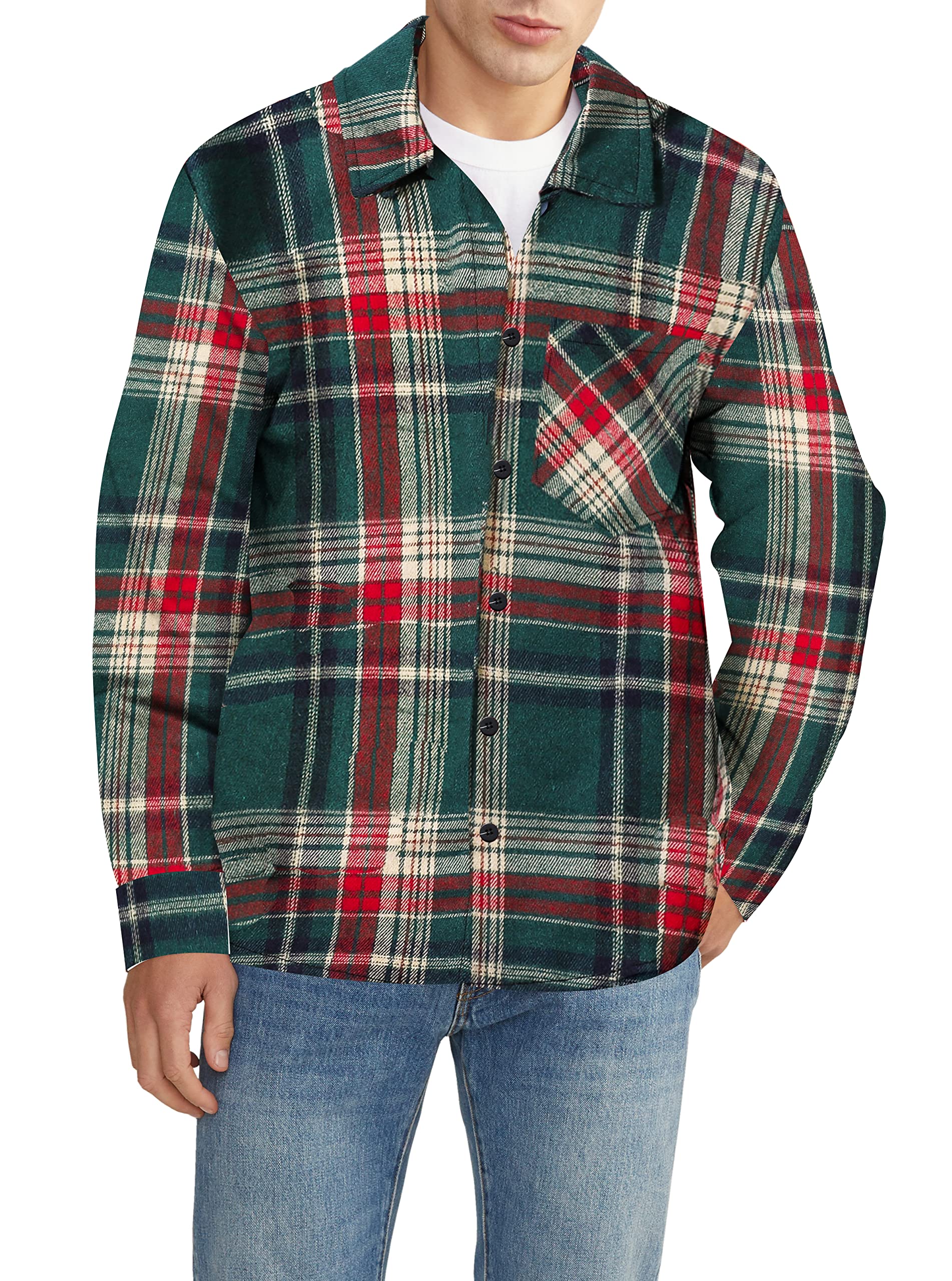 Mens Plaid Shirts Casual Long Sleeve Button Down Plaid Shirt Dad and Son Matching Shirts Christmas Green Plaid, 2XL - Image 2