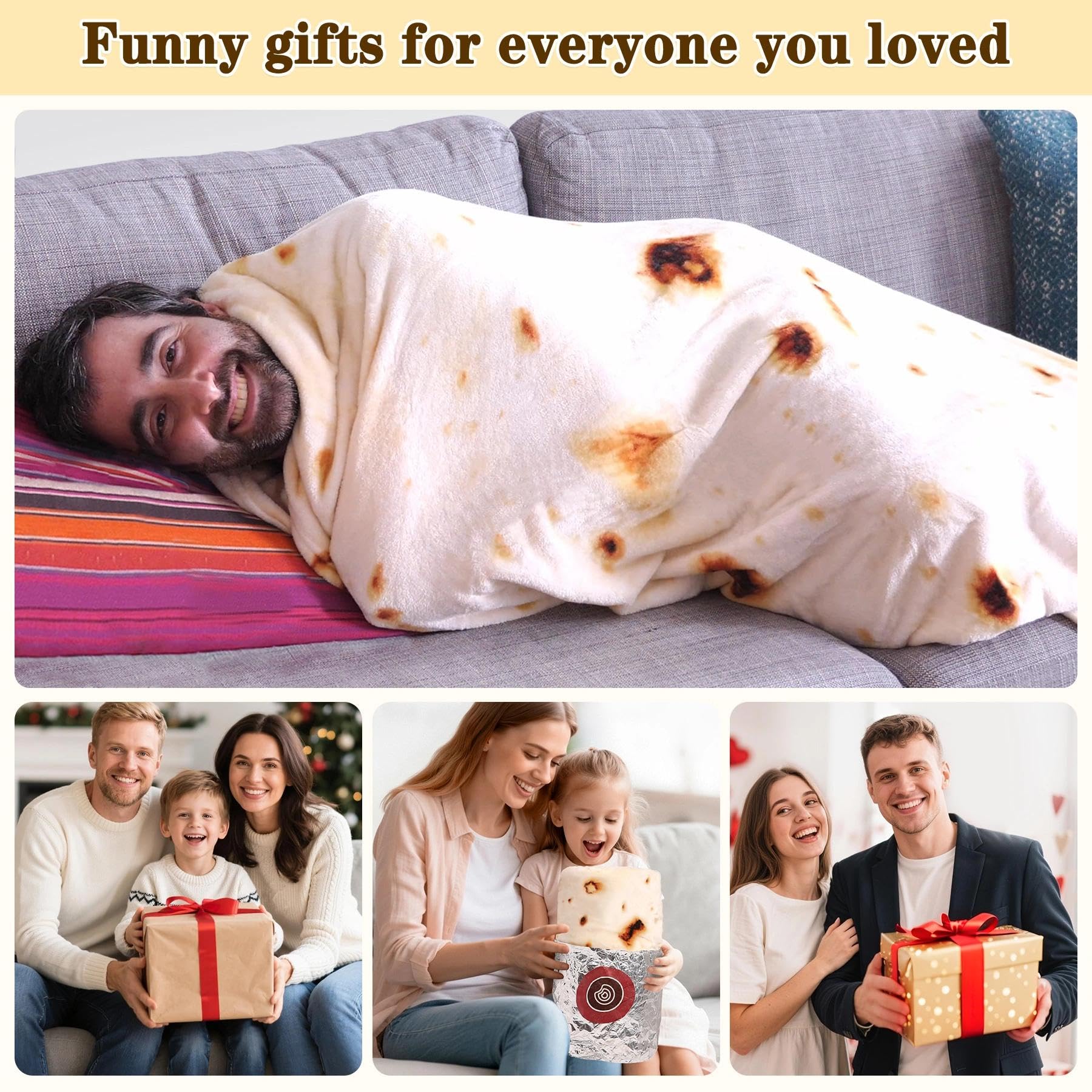 Mermaker Burrito Tortilla Taco Blanket 71 inches for Adult Kids, Realistic Tortilla Throw Blanket Funny Gifts for Women Men Teen Boy Girl, Soft Flannel Food Blanket for Christmas Birthday Gifts-Yellow - Image 5