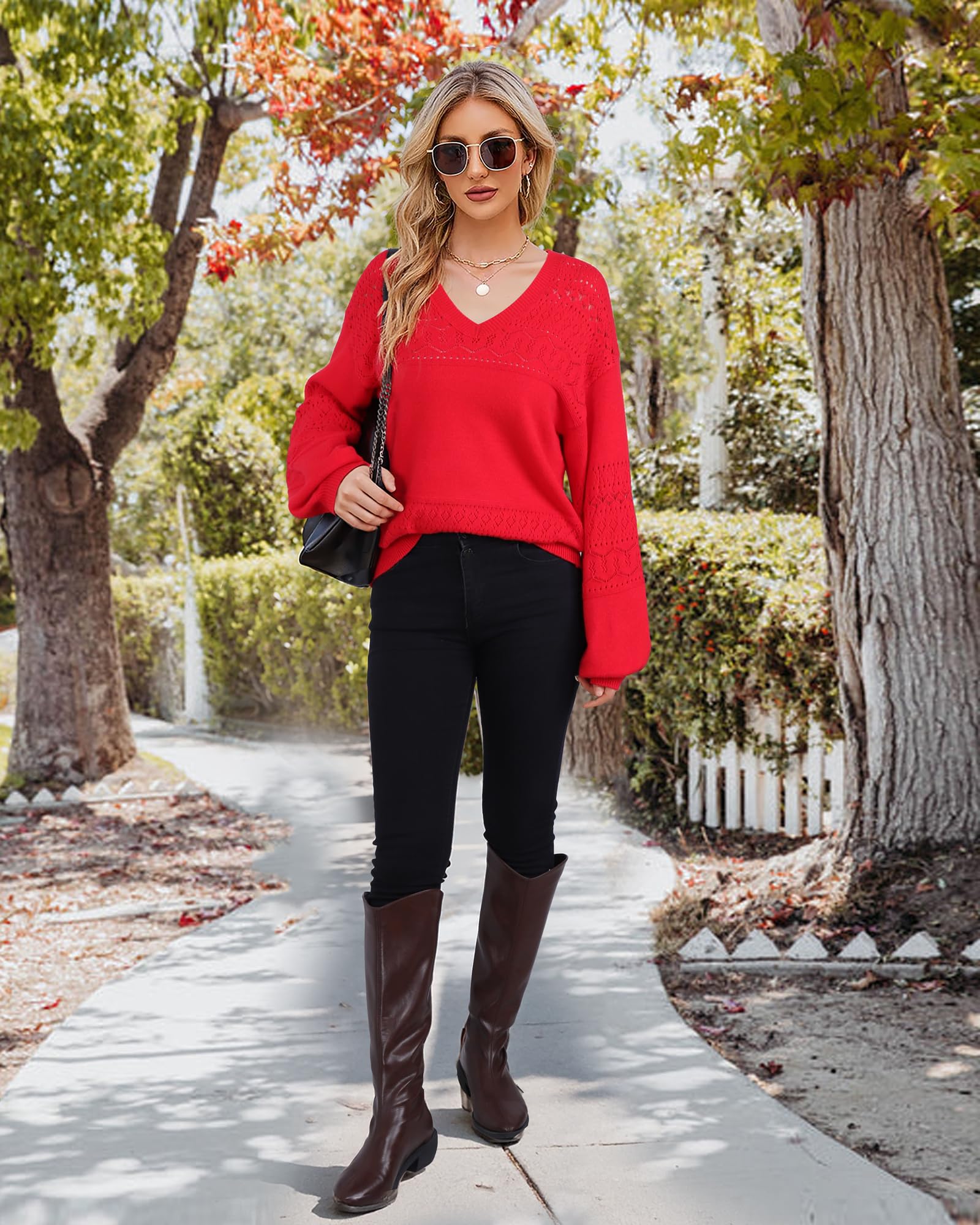 Messic Womens Sweaters Trendy Fall 2025, Christmas Tops for Women Dressy Tunic Sweaters Festival Outfits for Women Boho Cozy Soft Sweaters Top for Leggings Evening Party Cruise Red Large - Image 3