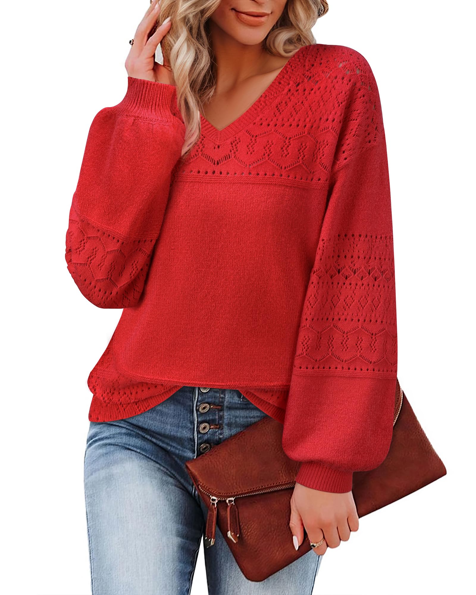 Messic Womens Sweaters Trendy Fall 2025, Christmas Tops for Women Dressy Tunic Sweaters Festival Outfits for Women Boho Cozy Soft Sweaters Top for Leggings Evening Party Cruise Red Large - Image 5