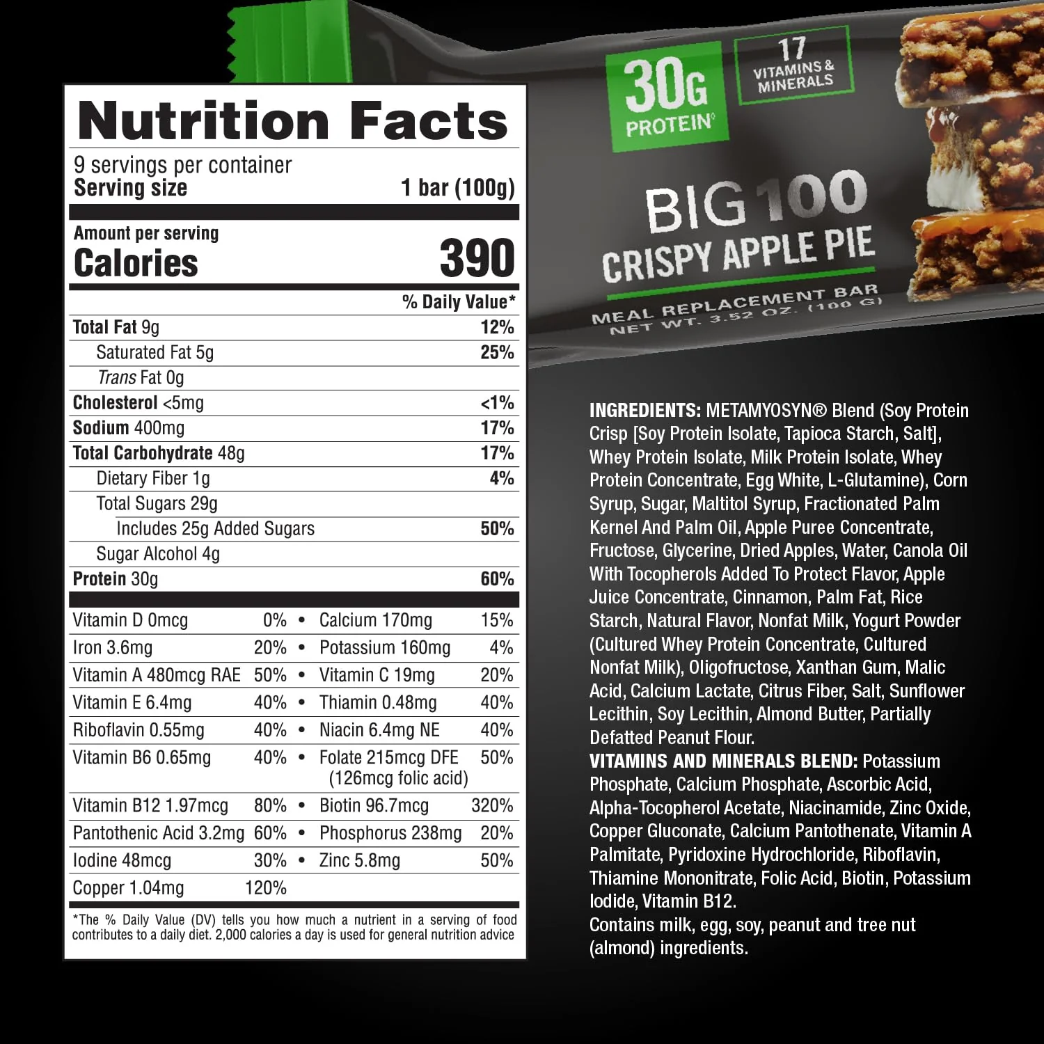 MET-Rx Big 100 Colossal Protein Bars, Crispy Apple Pie Meal Replacement Bars, 9 Count - Image 2