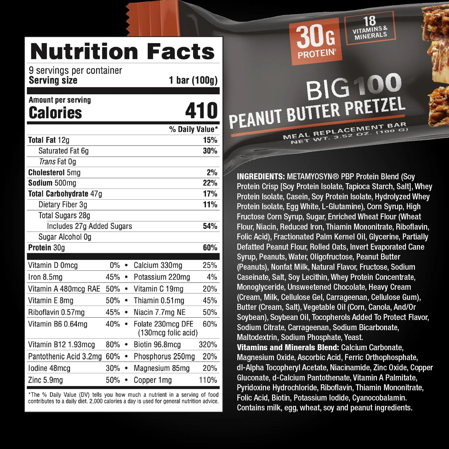 MET-Rx Big 100 Colossal Protein Bars, Great as Healthy Meal Replacement, Snack, and Help Support Energy, Peanut Butter Pretzel, With Vitamin A, Vitamin C, and Zinc, 100 g, (Pack of 9) - Image 2