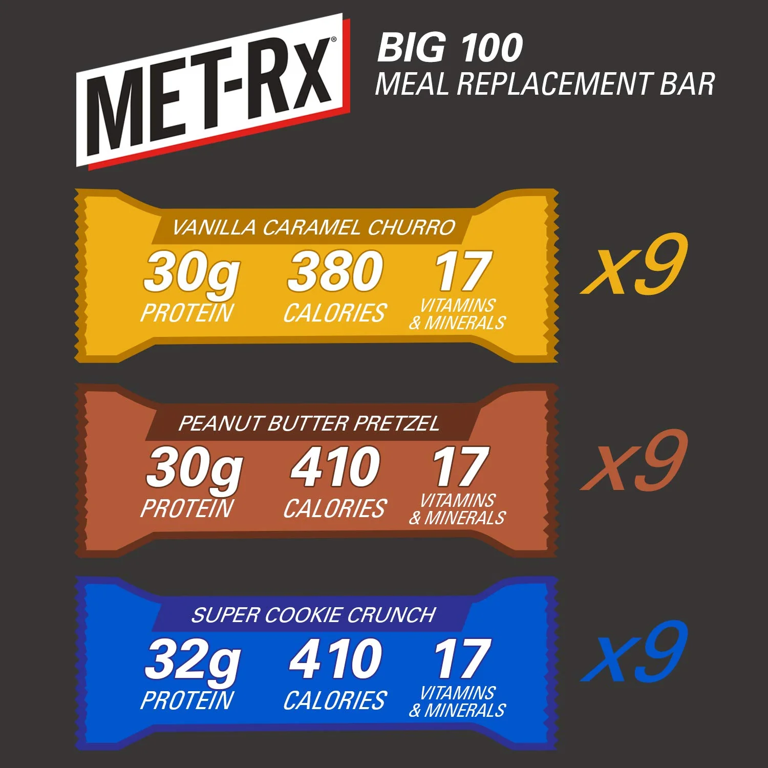 MET-Rx Big 100 Colossal Protein Bars, Healthy Meal Replacement Snack, Variety Pack, 3.52 oz bars, 9 Count (Pack of 3) - Image 4