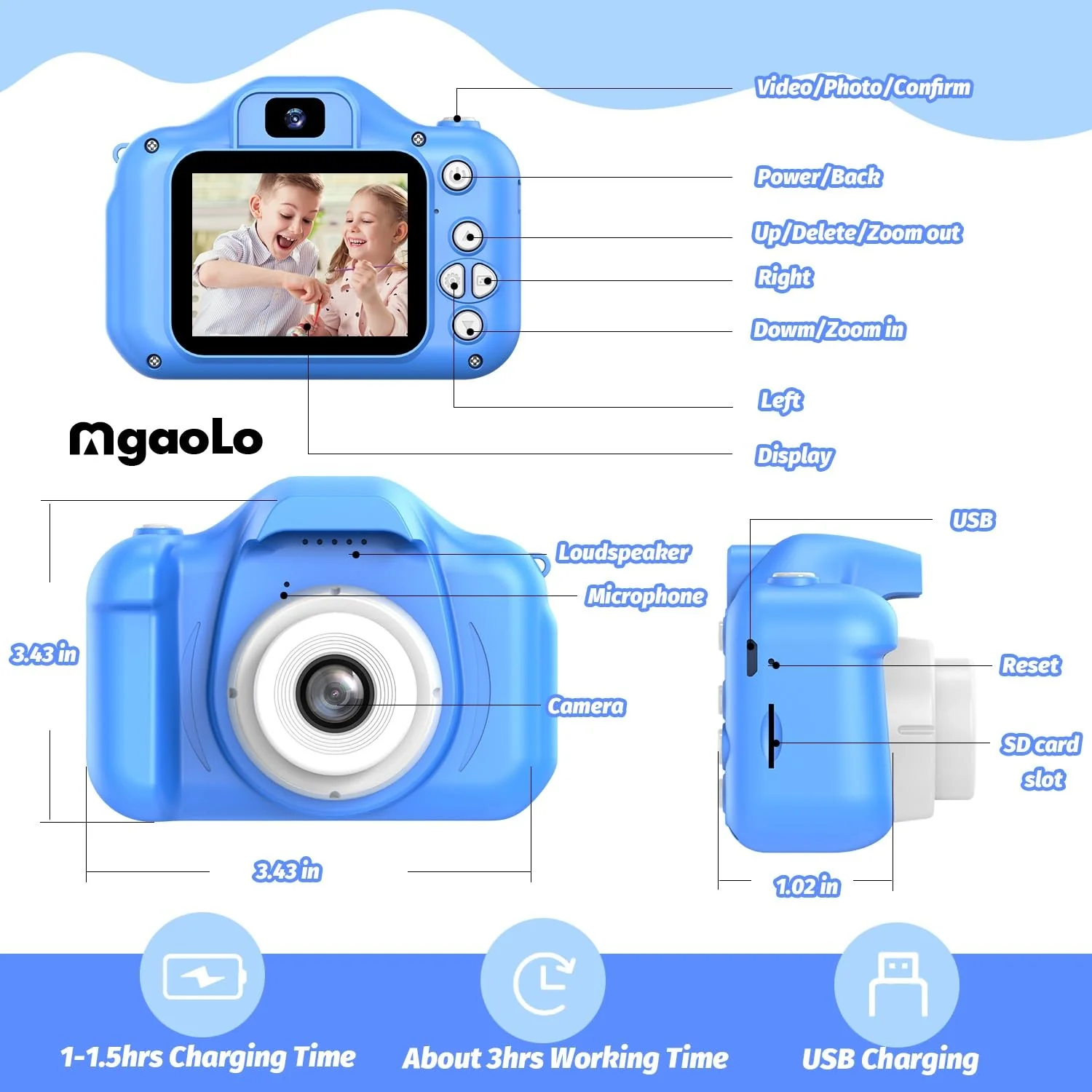 Mgaolo Kids Camera Toys for 3-12 Years Old Boys Girls Children,Portable Child Digital Video Camera with Silicone Cover, Christmas Birthday Gifts for Toddler Age 3 4 5 6 7 8 9 (Dog Blue) - Image 3