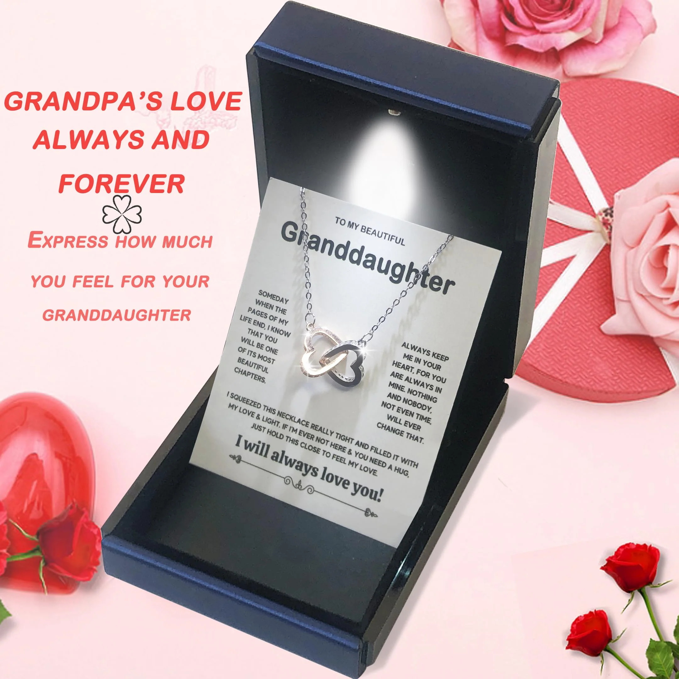 MGOOL Gifts For Granddaughter Necklace From Grandma Grandpa To My Granddaughter Necklace Christmas Graduation Birthday Gifts With Message Card & LED Box (925 sterling silver, 683-Double Heart01) - Image 6