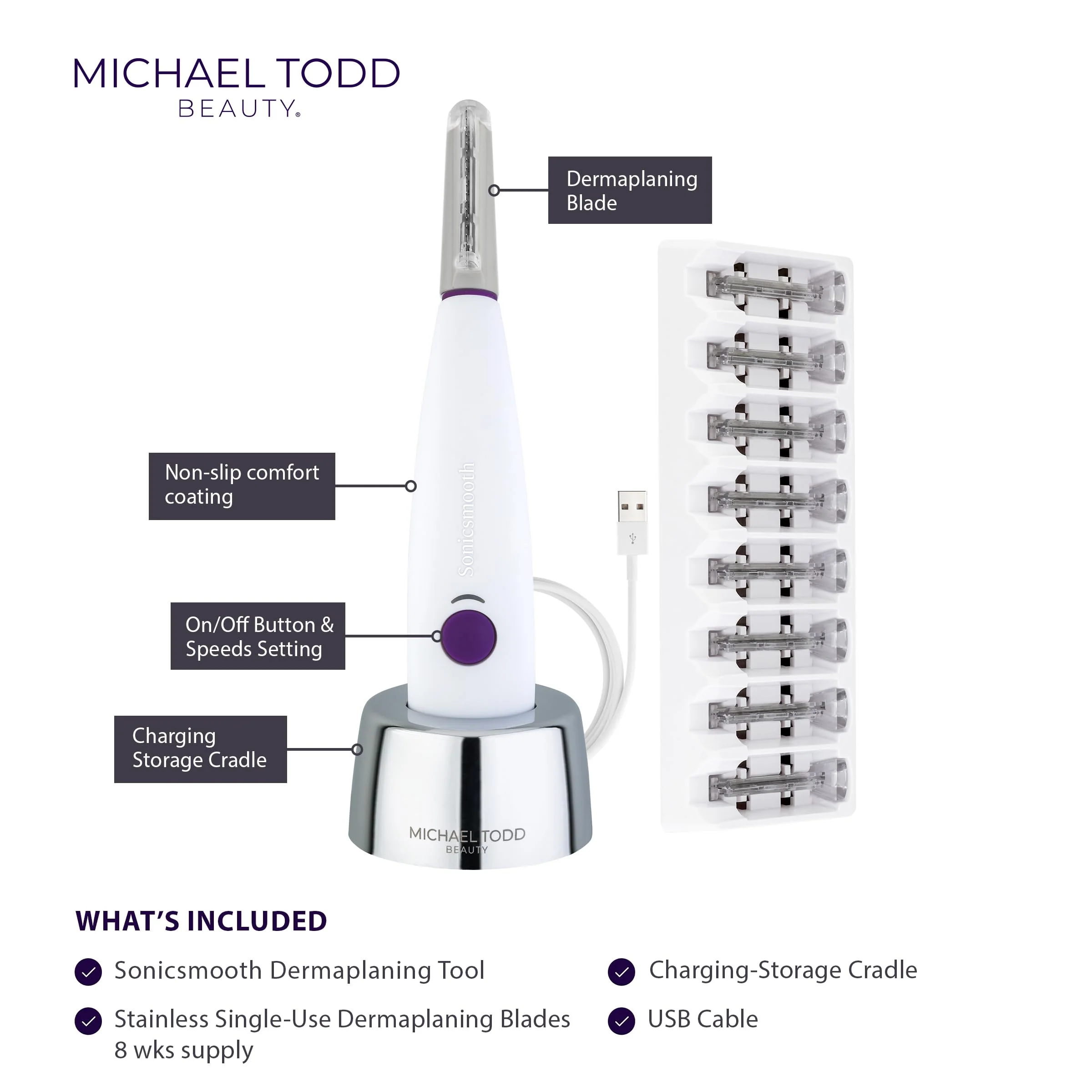 Michael Todd Beauty - Sonicsmooth – SONIC Technology Dermaplaning Tool - 2 in 1 Women’s Facial Exfoliation & Peach Fuzz Hair Removal System with 8 Weeks of Dermaplaning Blades - Image 9