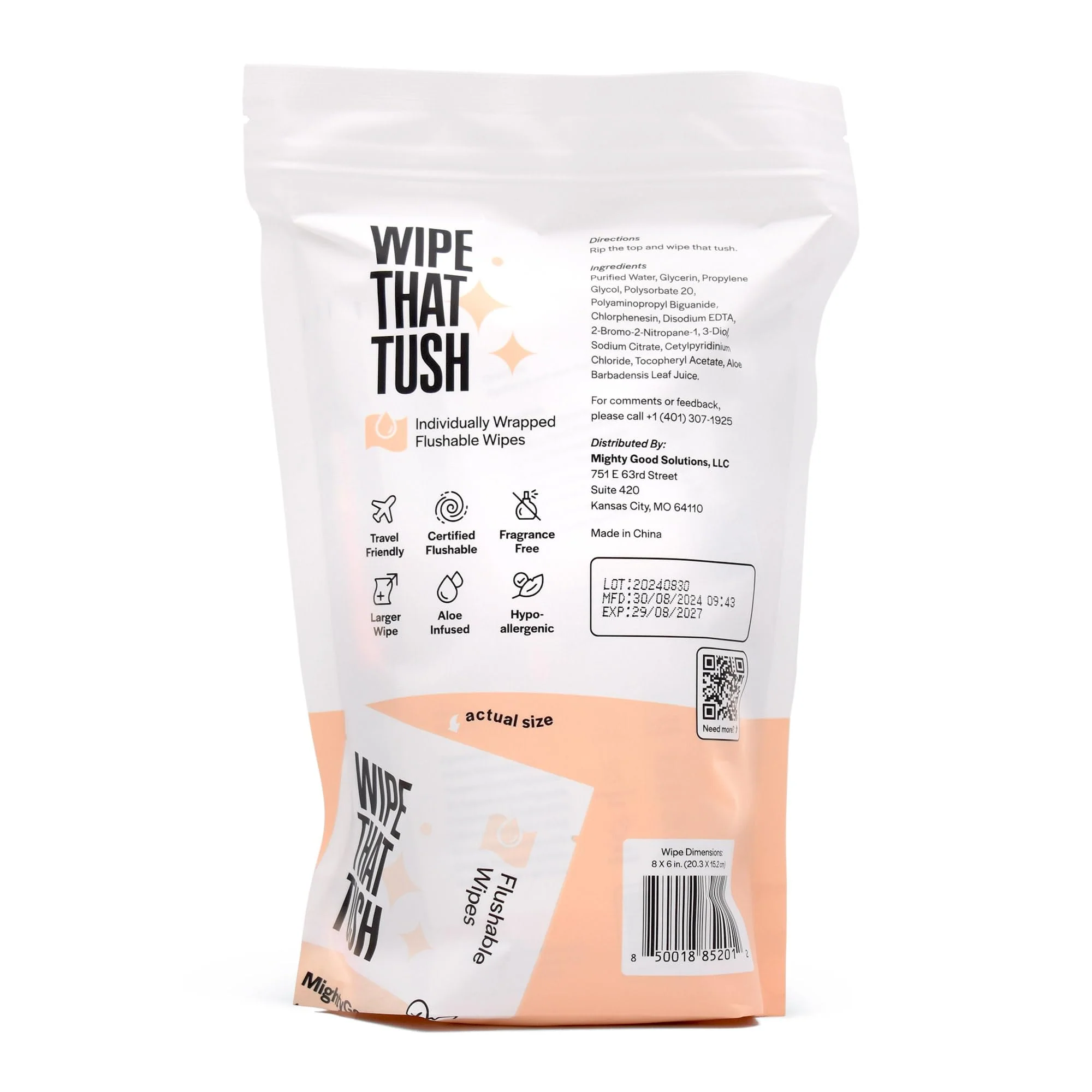 MightyGood. Wipe That Tush On-The-Go Flushable Wet Wipes - 4 Pack, 120 Wipes - Individually Wrapped Extra-Large Wipes with Aloe - Hypoallergenic & Unscented - Septic and Sewer Safe - Image 8