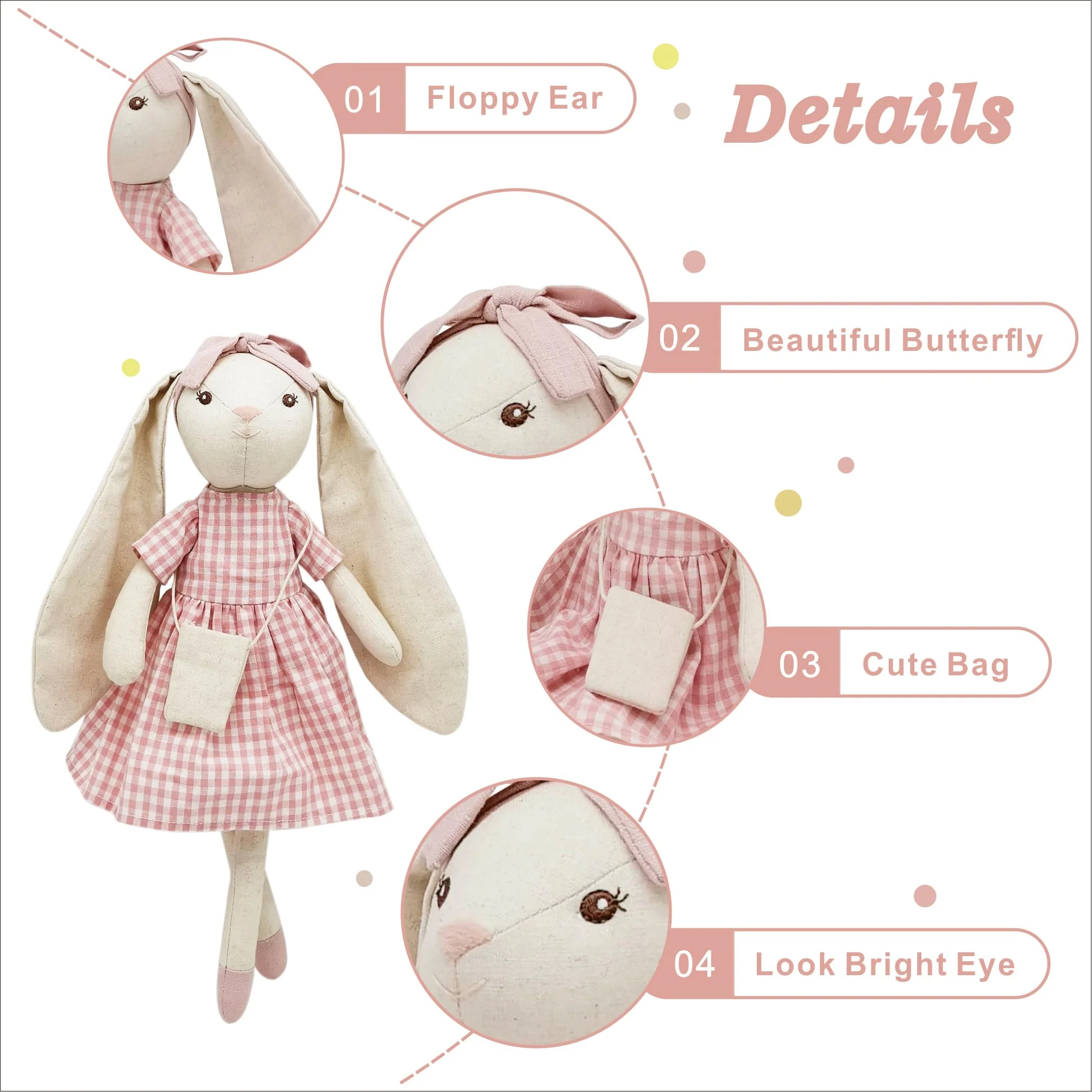 Mikee Fluffie 15" Bunny Stuffed Animal for Girls, Plush Toy Doll -Wearing Pink Plaid Dress,Cute Doll Set Dress Up for 3 4 5 Year Old Girl - Gift for Little Girl, Birthday, Easter,Christmas… - Image 2