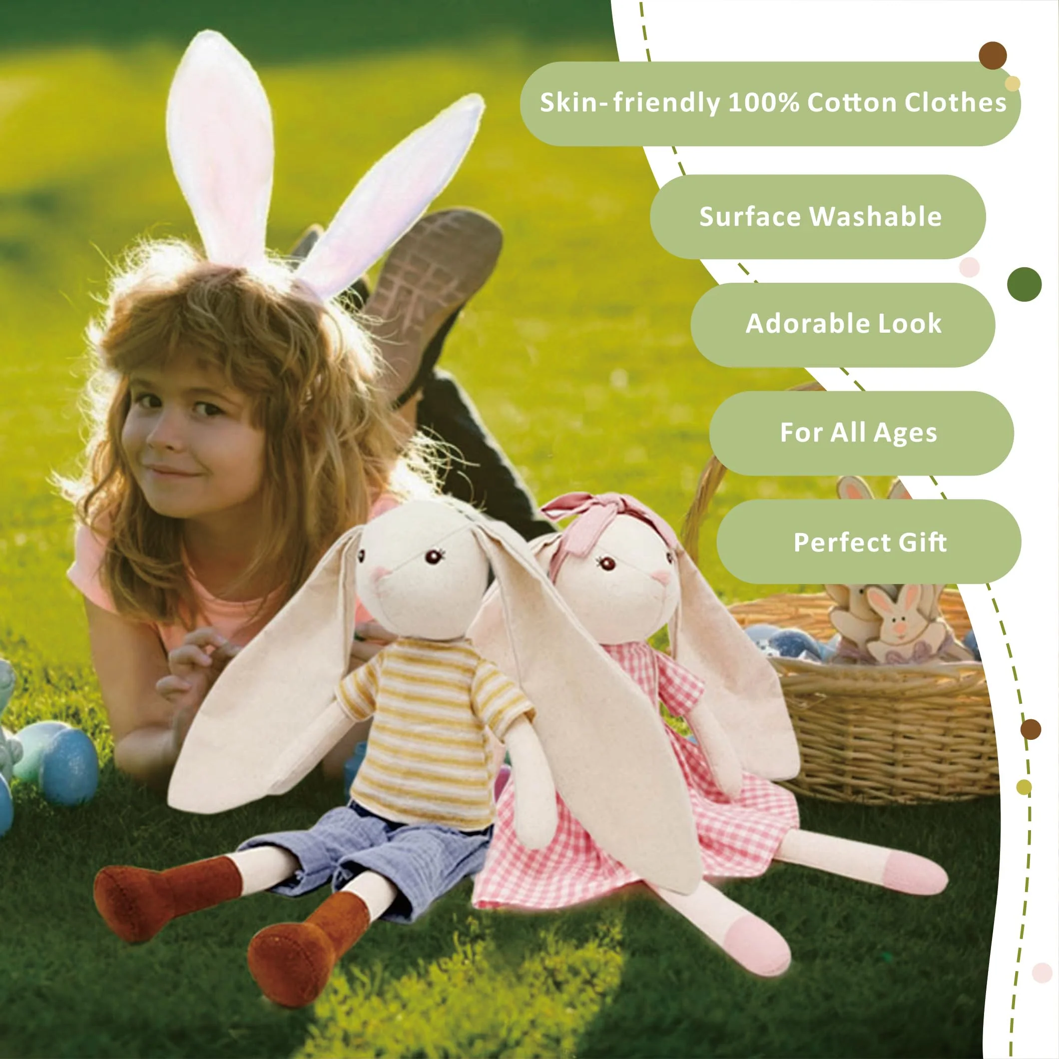 Mikee Fluffie 15" Bunny Stuffed Animal for Girls, Plush Toy Doll -Wearing Pink Plaid Dress,Cute Doll Set Dress Up for 3 4 5 Year Old Girl - Gift for Little Girl, Birthday, Easter,Christmas… - Image 6