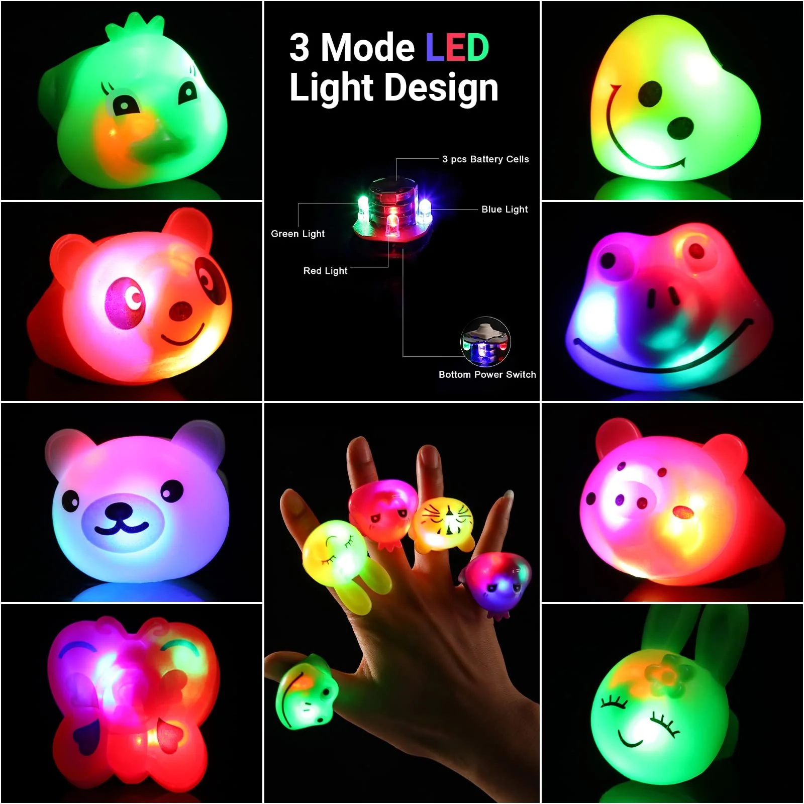 Mikulala 36 Pack Light Up Rings Glow in The Dark Party Supplies, Light up Party Favors, Goodie Bag Stuffers, Birthday Christmas Party Favors Classroom Prizes Cute Animal Treasure Box for Kids - Image 8