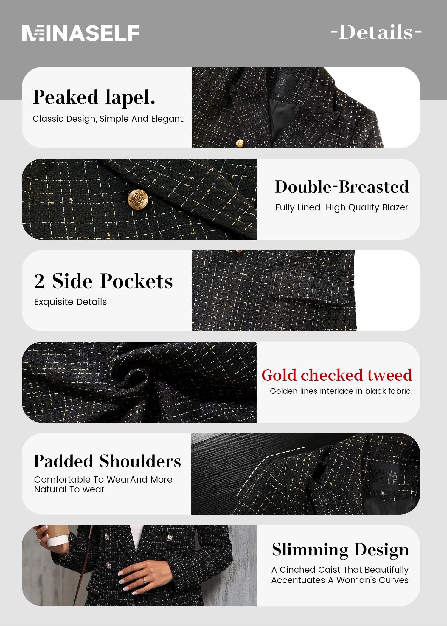 Mina Self Tweed Blazers Jacket for Women 2025 Winter Christmas Party Nye New Years Eve Clothes Outfits Black Cute Ladies Casual Chamarras para Mujer Womens Lightweight Women's Jackets - Image 2