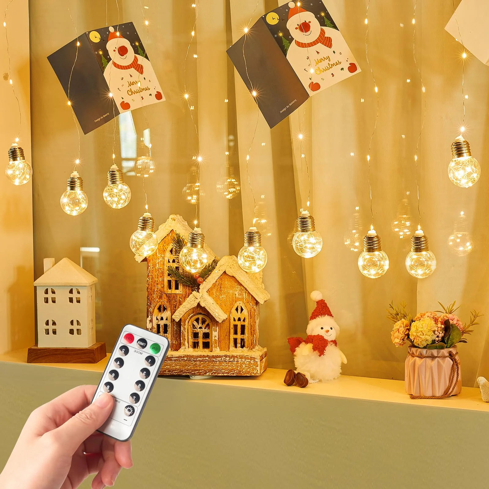 Minetom 200 LED Curtain Fairy Lights - 9.8 FT Wishing Ball Window Hanging Lights with Remote, USB Powered Waterproof for Christmas Wedding Bedroom Decoration, Warm White - Image 2