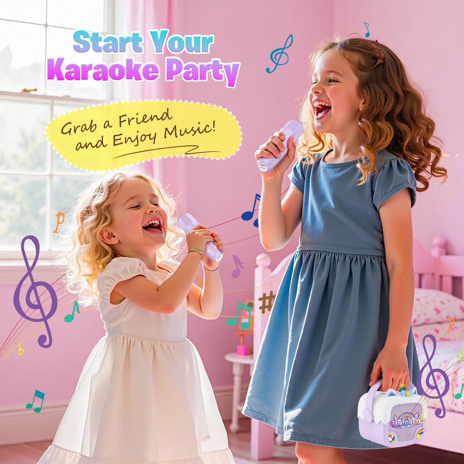 Mini Karaoke Machine for Kids Girls: Unicorn Portable Bluetooth Speakers With 2 Wireless Mic Toys for Girls age 4-6 7 8 9 Years Old Girl Christmas Birthday Gifts for 5 6 7 8 9 10 11 Years Teens Purple - Image 2