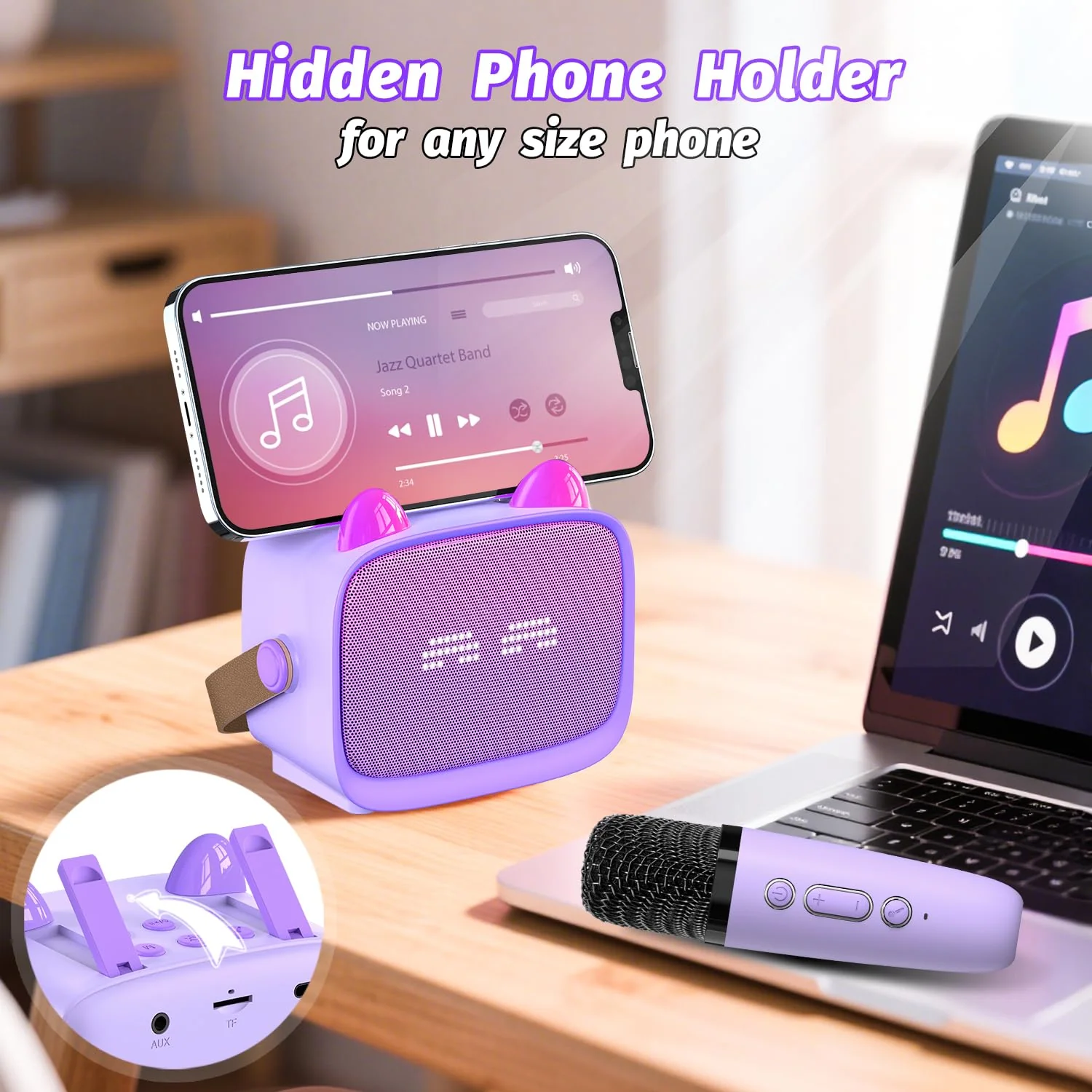 Mini Karaoke Machine Toys Gifts,Kids Portable MP3 Player with 2 Wireless Microphone and LED,Christmas Birthday Gifts for Girls Boys 3 4 5 6 7 8+ Year Old (Purple) - Image 8