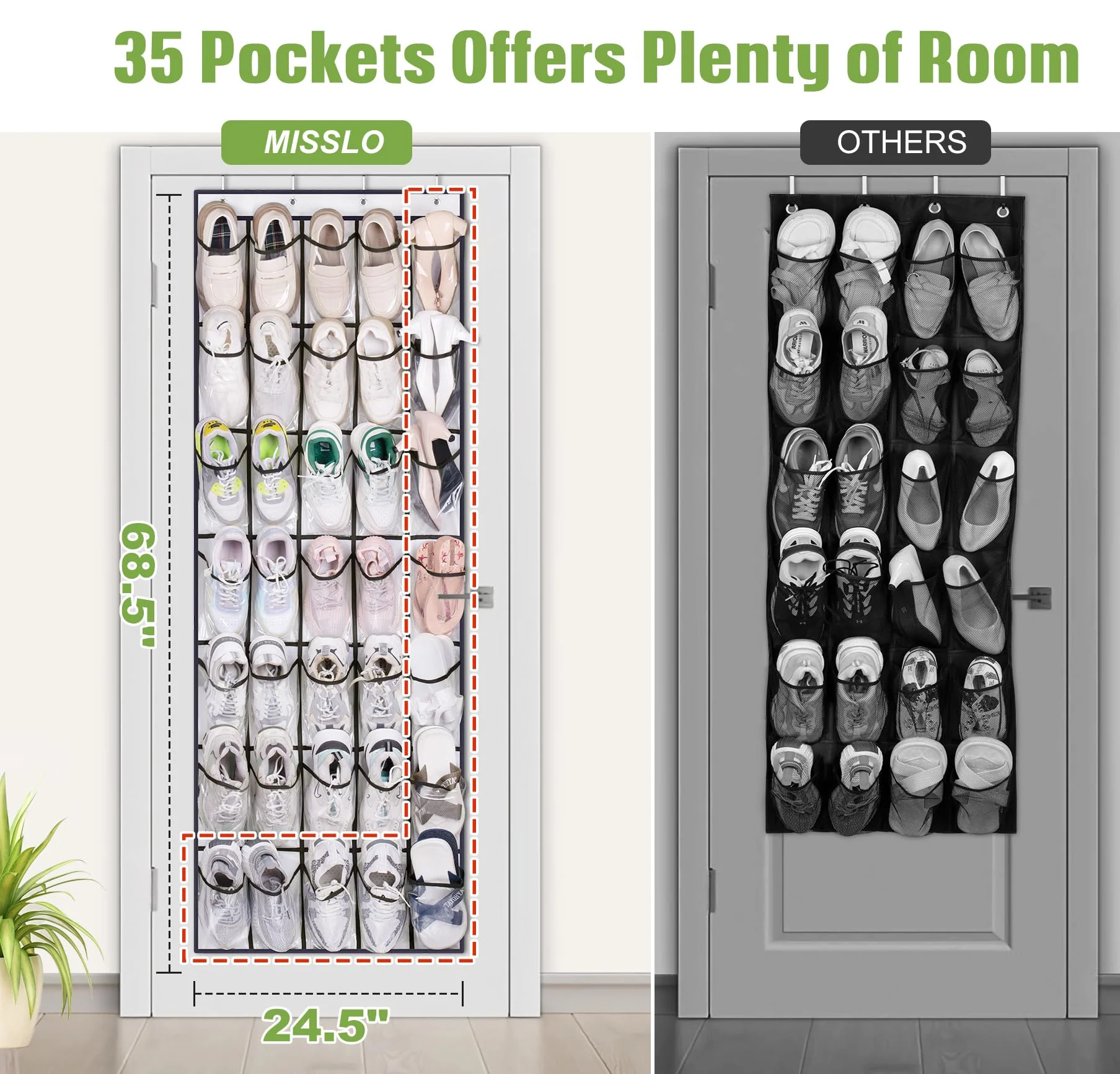 MISSLO 35 Clear Large Pockets Over The Door Shoe Organizer Sturdy Oxford Fabric Hanging Shoe Rack Closet Shoe Holder Hanger, White - Image 7