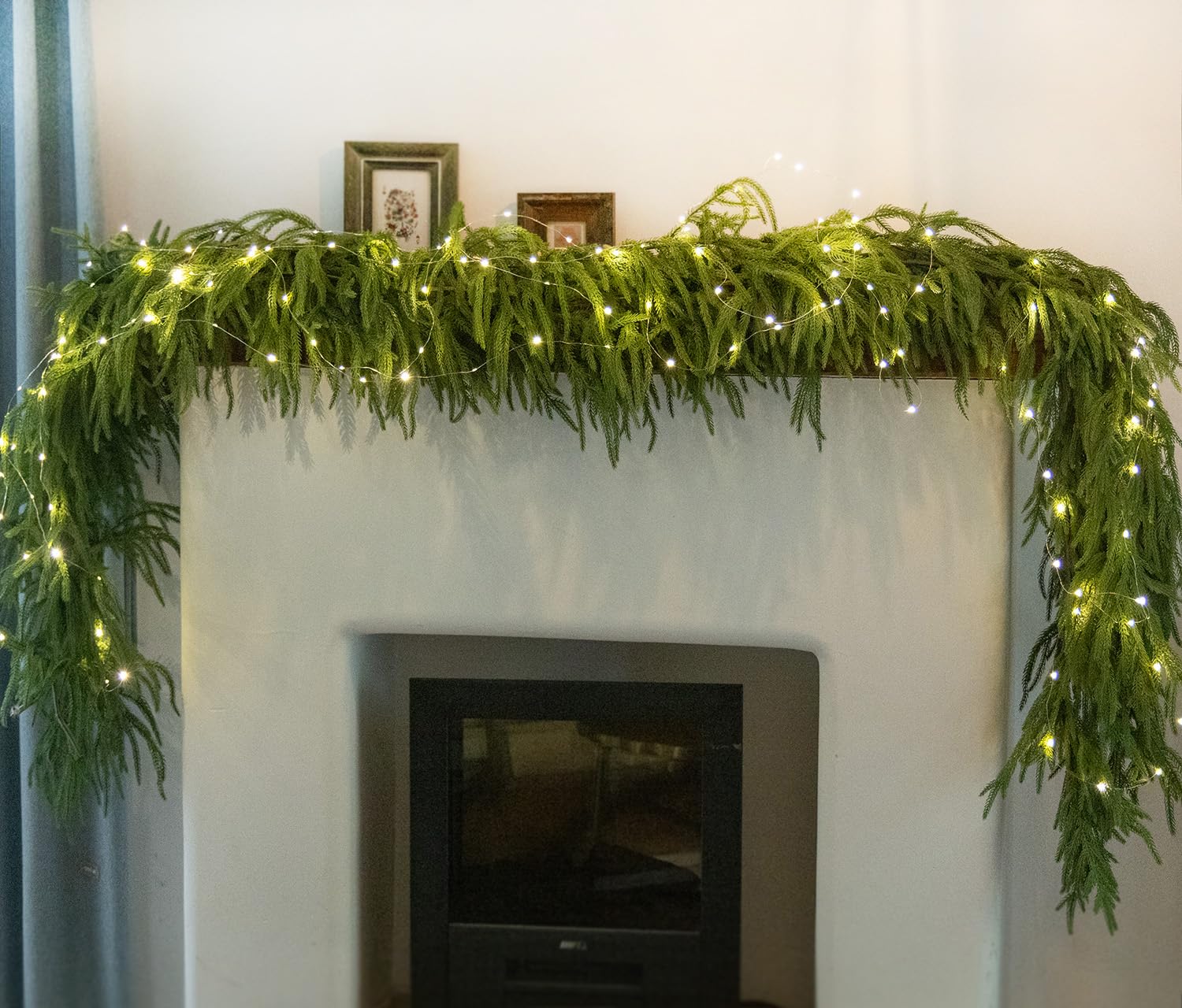 MISSPIN 9ft Christmas Garland with Lights, Real Touch Norfolk Pine Garland, Green Artificial Greenery Garland for Table, Mantle, Wall, Indoor, Outdoor Christmas Decorations