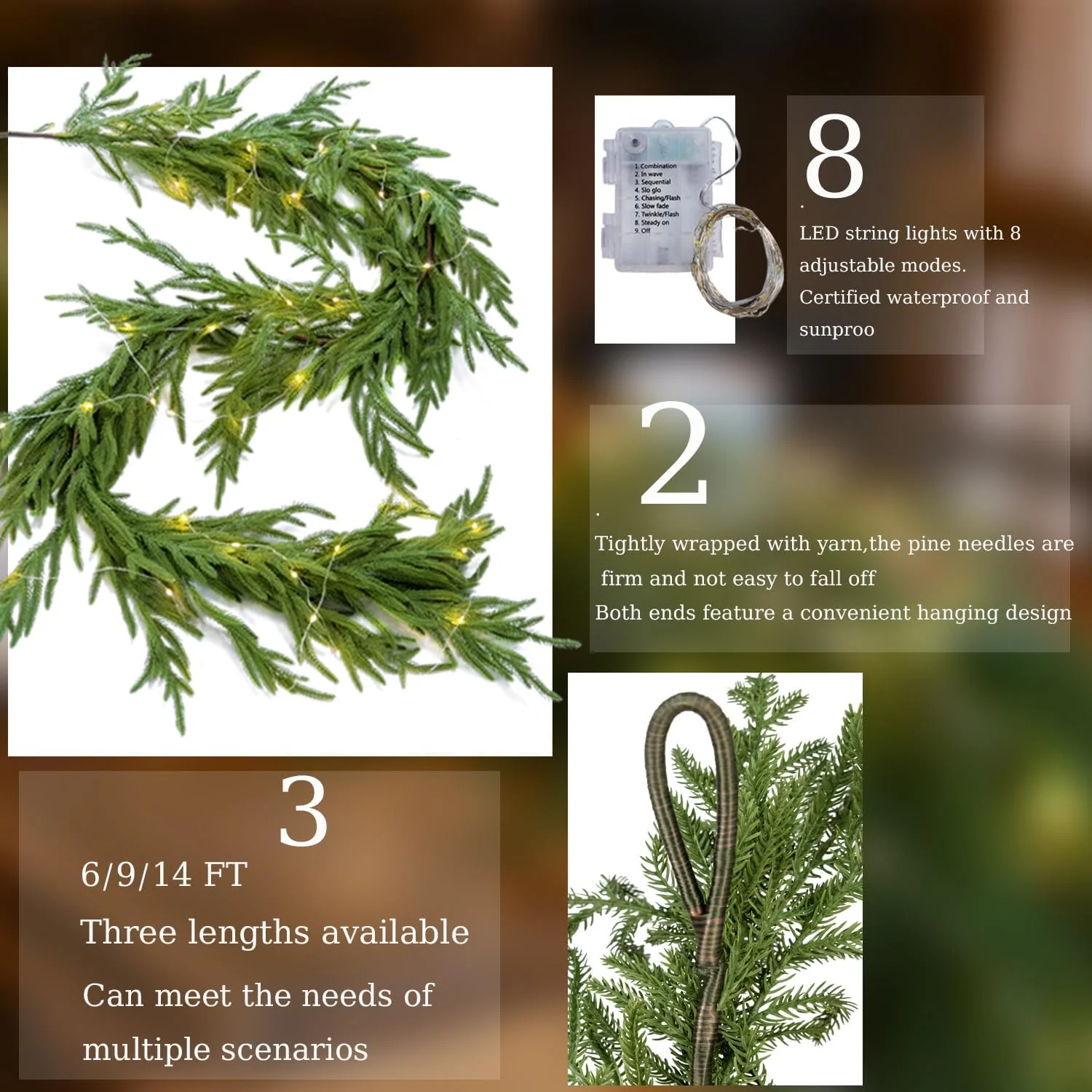 MISSPIN 9ft Christmas Garland with Lights, Real Touch Norfolk Pine Garland, Green Artificial Greenery Garland for Table, Mantle, Wall, Indoor, Outdoor Christmas Decorations - Image 8