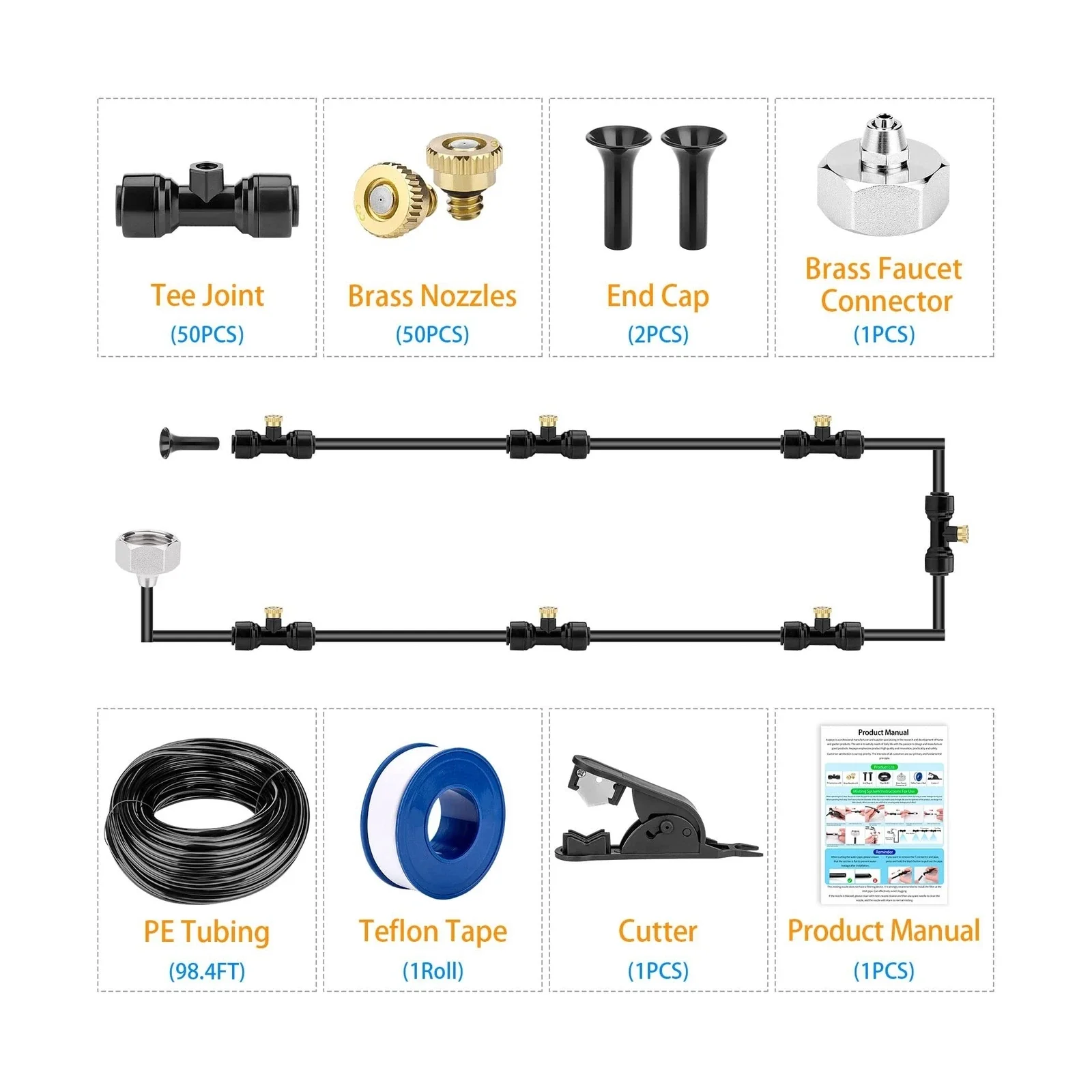 Misting Cooling System 98.4FT (30M) Misting Line + 50 Brass Mist Nozzles + 45 T-Connectors + 1 Faucet Adapters (3/4") Outdoor Mister for Patio Garden Greenhouse Trampoline for Waterpark - Image 7