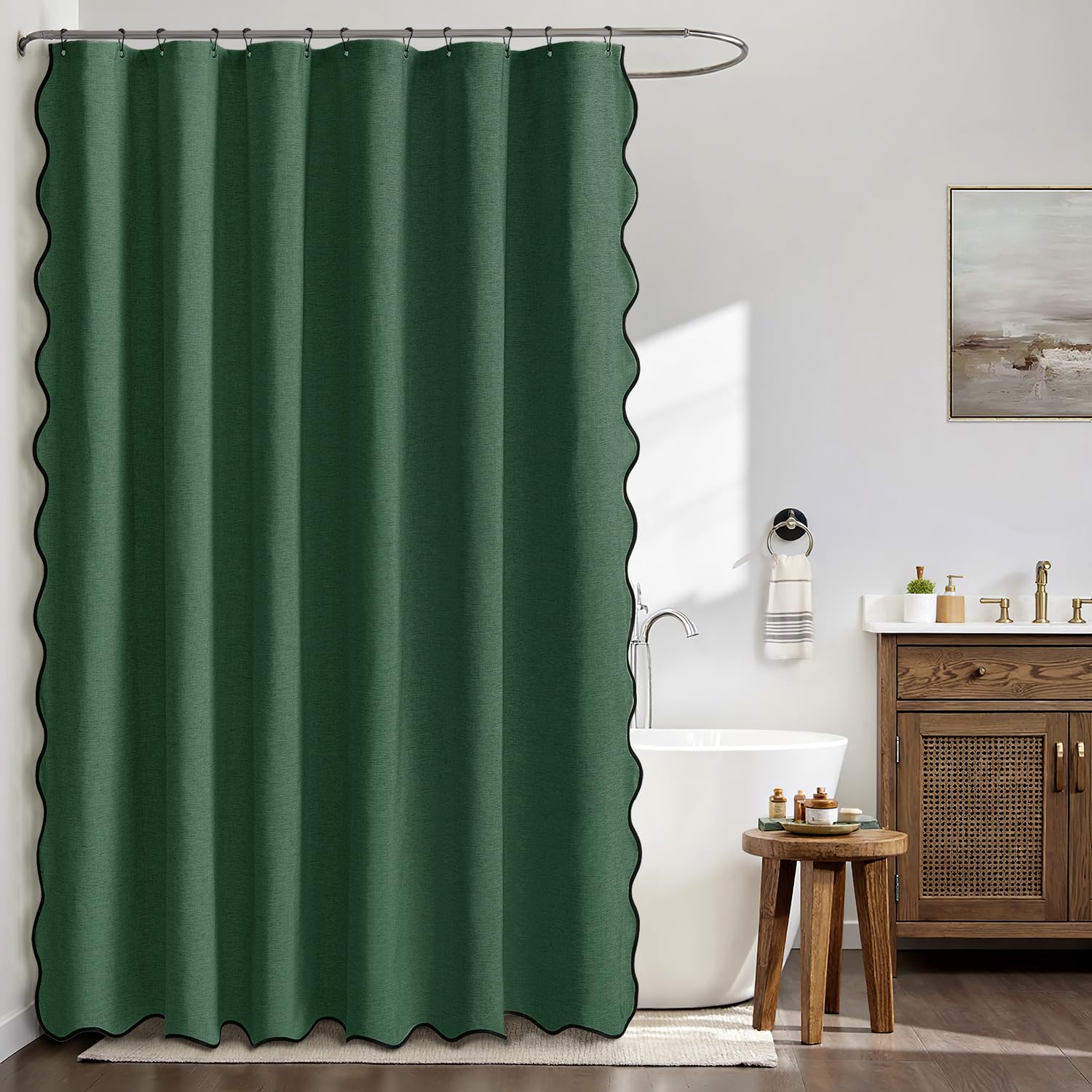 MIULEE Christmas Dark Green Scalloped Shower Curtain Linen Textured with 12 Metal Hooks Cute Heavy Duty Washable Waterproof Thick Cloth Shower Curtains with Black Border for Bathroom Hotel,W72*L72 - Image 5