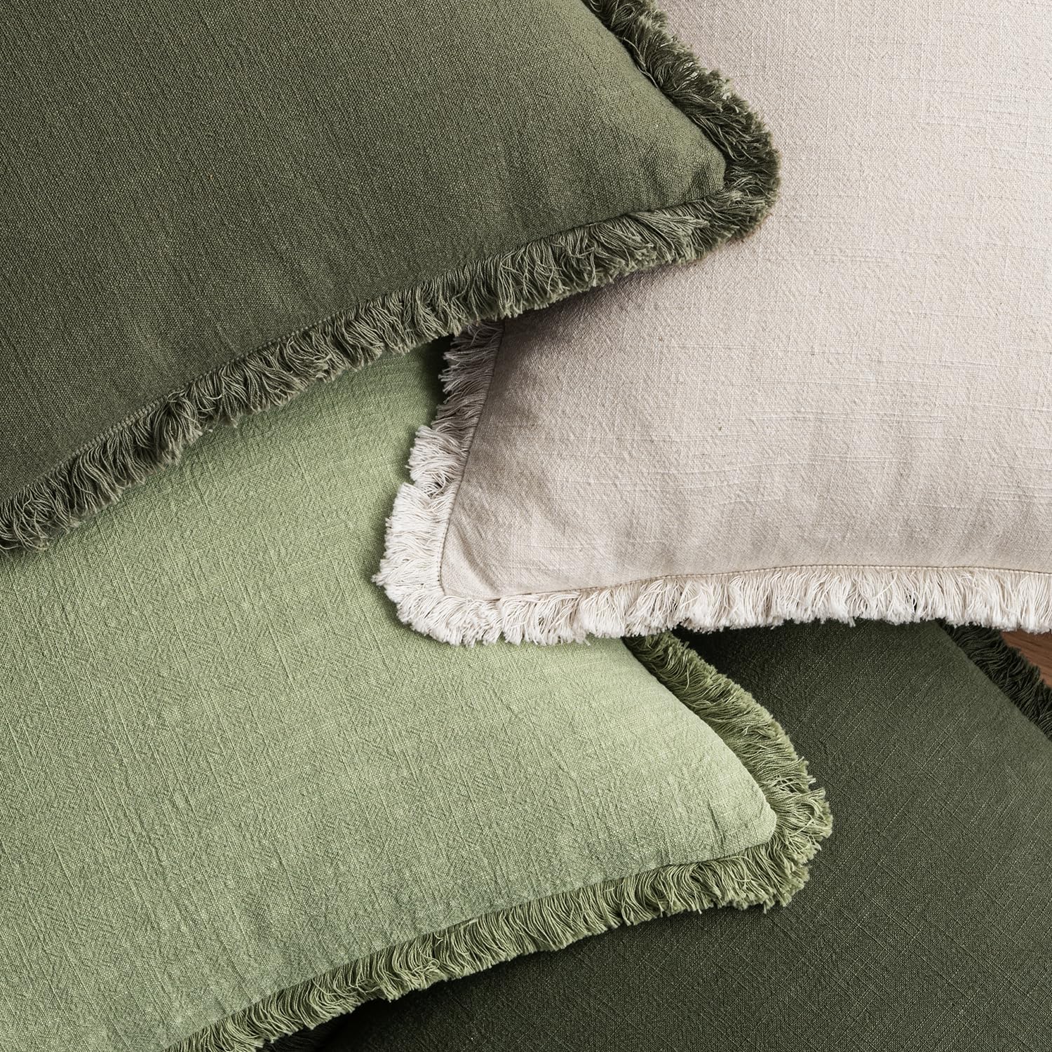 MIULEE Christmas Decorative Couch Pillow Covers Neutral Linen Fringe Throw Pillows Set of 4 Boho Farmhouse Accent Cushions for Bed Sofa Living Room Spring Home Decor 18x18 Inch Beige/Sage Green - Image 2