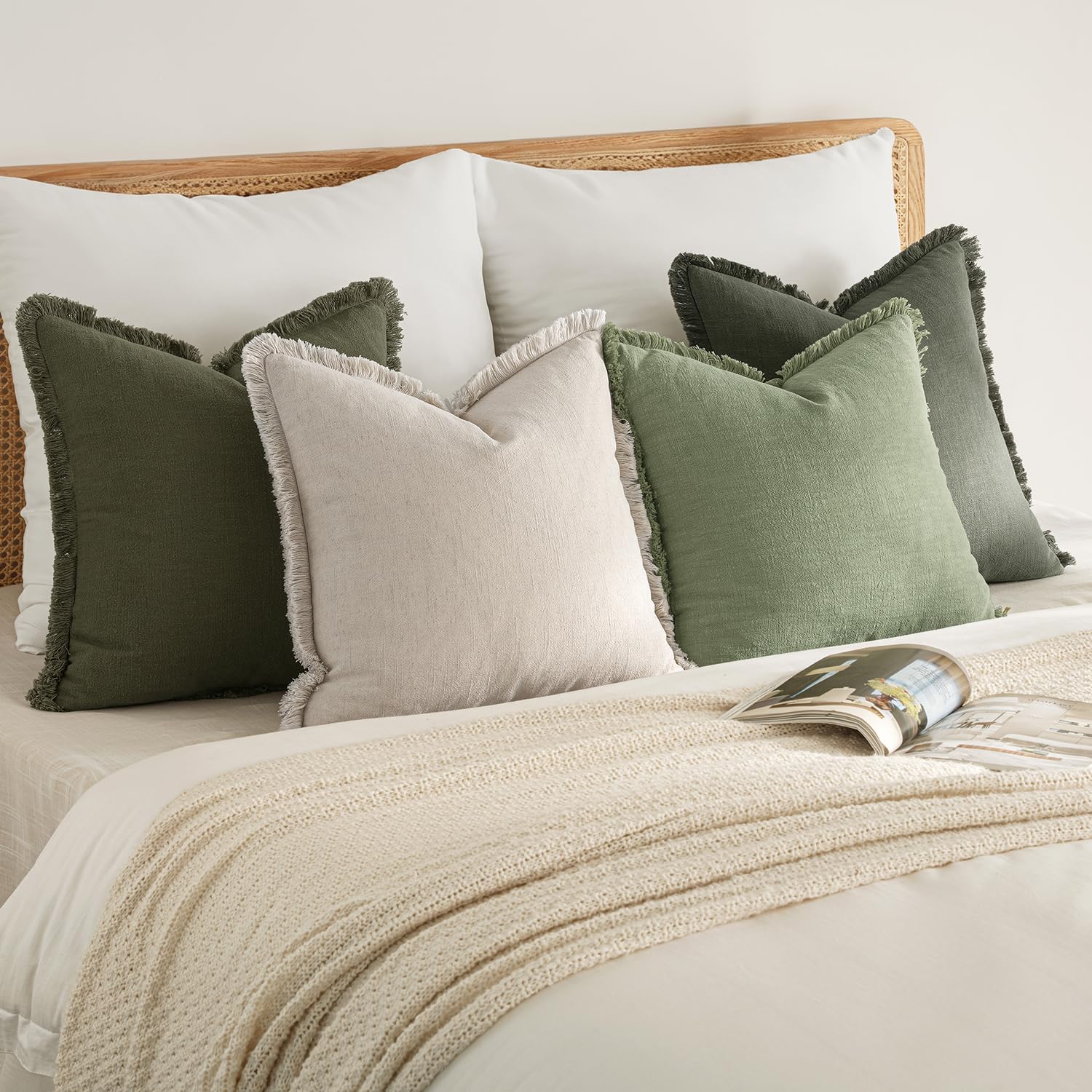 MIULEE Christmas Decorative Couch Pillow Covers Neutral Linen Fringe Throw Pillows Set of 4 Boho Farmhouse Accent Cushions for Bed Sofa Living Room Spring Home Decor 18x18 Inch Beige/Sage Green - Image 3