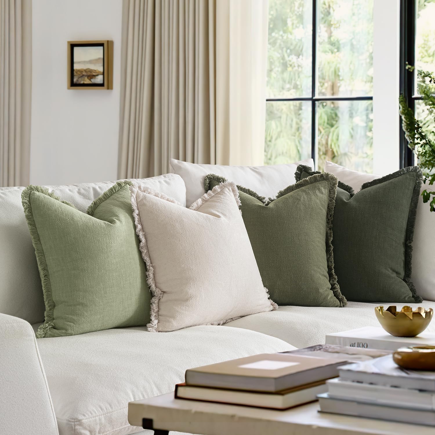 MIULEE Christmas Decorative Couch Pillow Covers Neutral Linen Fringe Throw Pillows Set of 4 Boho Farmhouse Accent Cushions for Bed Sofa Living Room Spring Home Decor 18x18 Inch Beige/Sage Green - Image 5