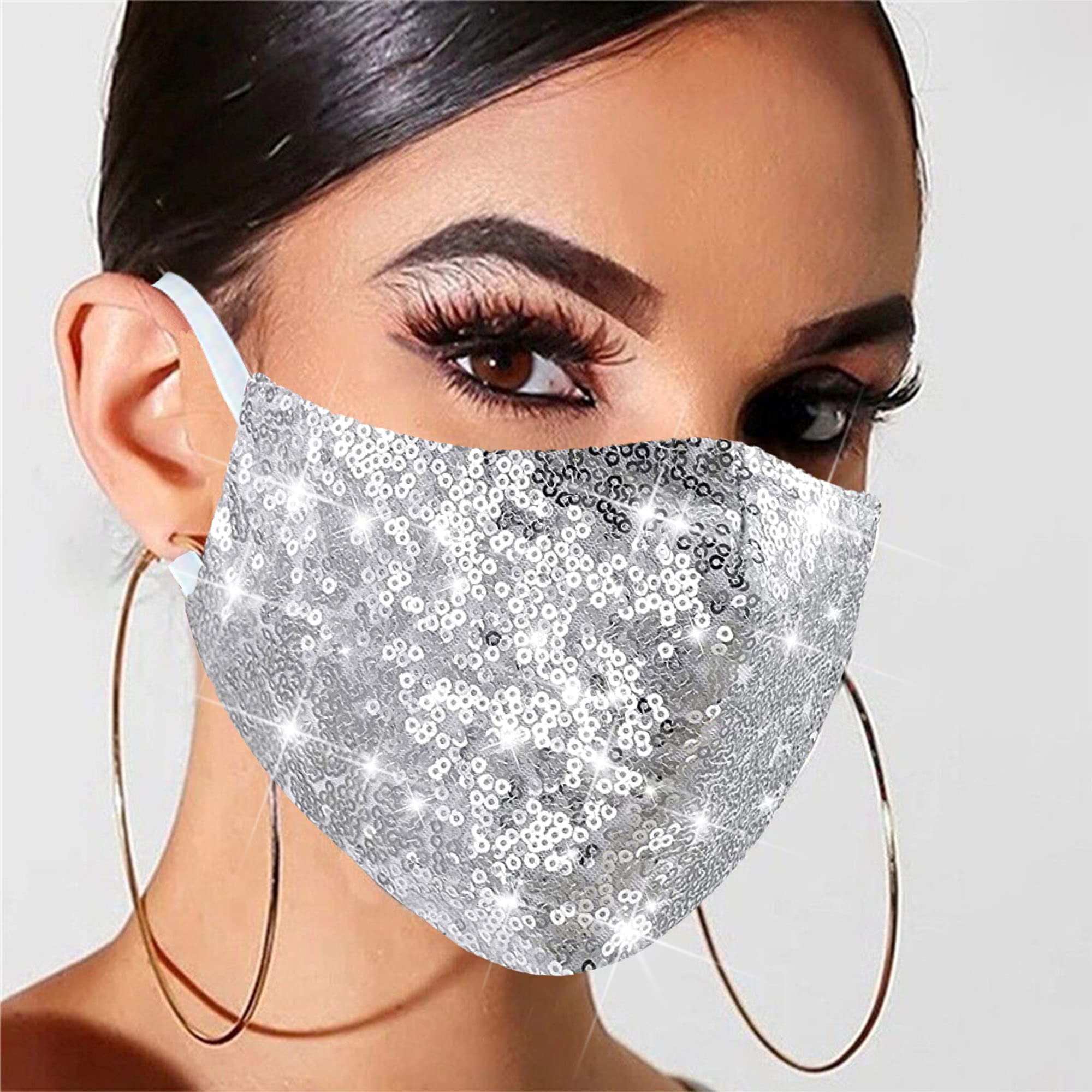 MLGDA Sparkly Sequin Face Cover Glitter Cotton Sequins Masc Masquerade Face Covering (Irregular, silver 1) - Image 4