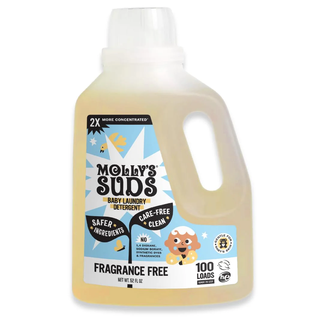 Molly's Suds Baby Liquid Laundry Detergent | Removes Formula, Poop & Spit-Up Stains | Extra Gentle for Infants, Babies, Toddlers (Fragrance Free, 100 Loads)