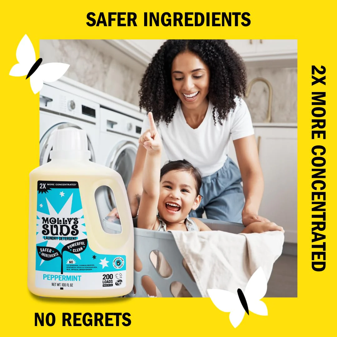 Molly's Suds Liquid Laundry Detergent | Clean Laundry Detergent Soap for Sensitive Skin | 2x Concentrated, High Efficiency (HE) (Peppermint - 200 Loads) - Image 6
