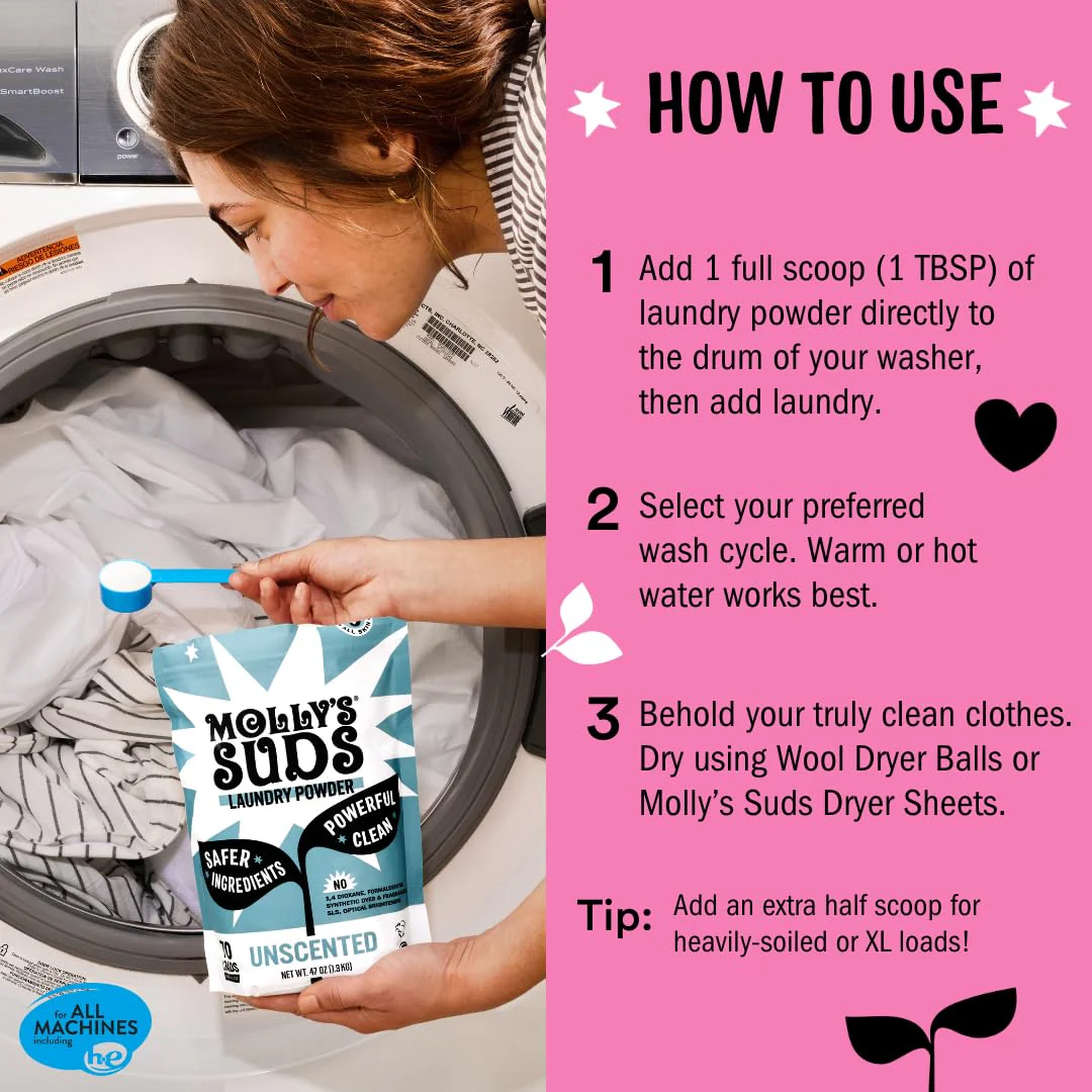 Molly's Suds Original Laundry Detergent Powder | Clean Laundry Detergent Powder for Sensitive Skin | Simple, Effective Ingredients, Stain Fighting | 120 Loads (Lotus & Peony) - Image 4