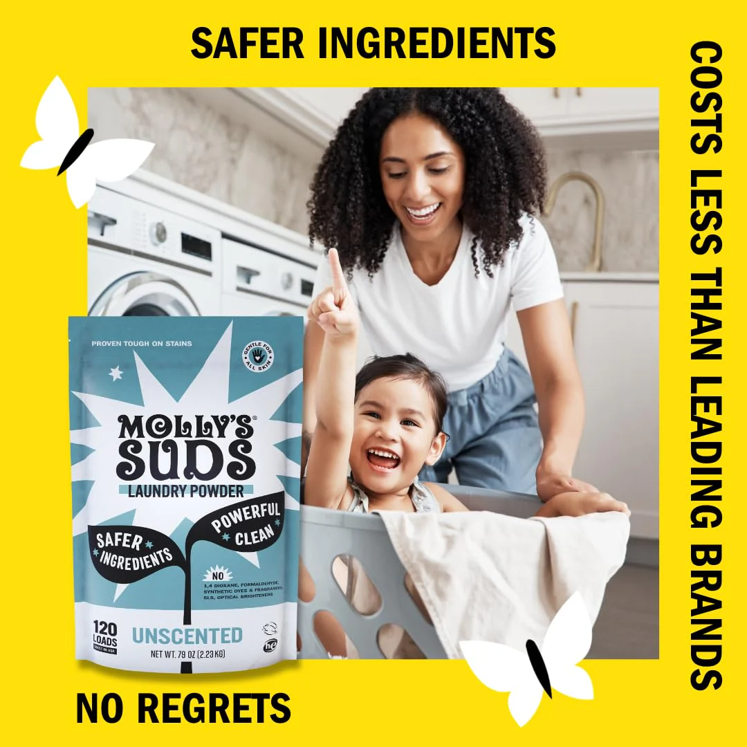 Molly's Suds Original Laundry Detergent Powder | Clean Laundry Detergent Powder for Sensitive Skin | Simple, Effective Ingredients, Stain Fighting | 240 Loads (Unscented) - Image 5