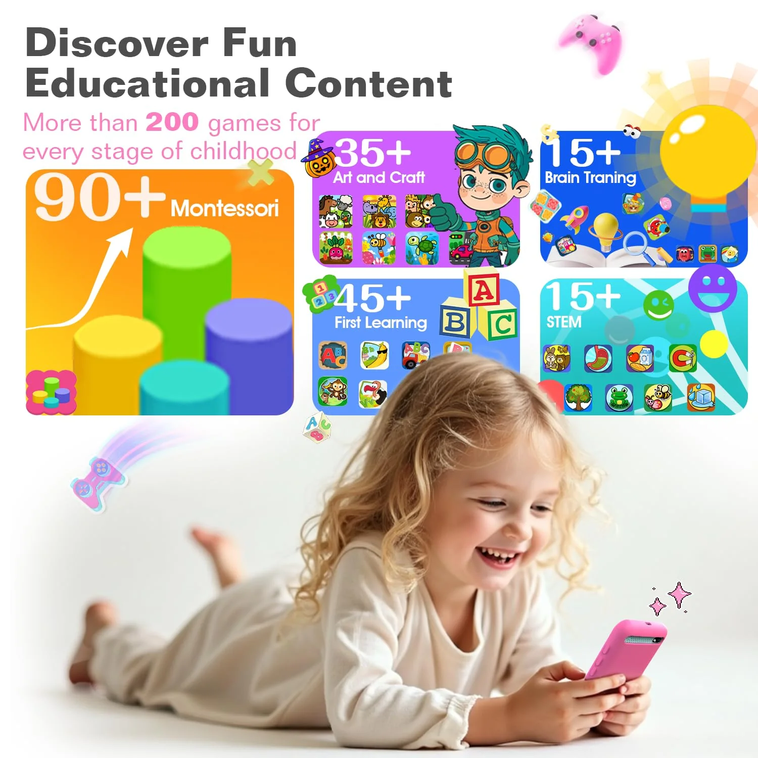 MOMILLA Toys Kids Smart Phone for Girls, 3.97” Cell Phone with Dual Cameras, Stickers & Frames, 200+ Games, 16GB Storage, Educational Mini Toddler Play Toy, Christmas Birthday Gift for Kids Age 3-10 - Image 8