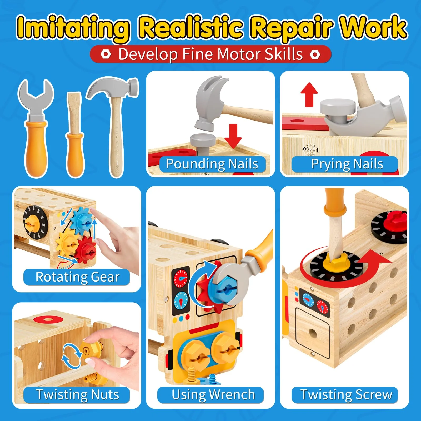 Montessori Kids Tool Set, Wooden Toddler Tool Bench Educational Toys for Ages 2-4, 2 Year Old Boy Gift for Birthday Christmas, STEM Pretend Play Tool Box, Learning Developmental Construction Toys - Image 7