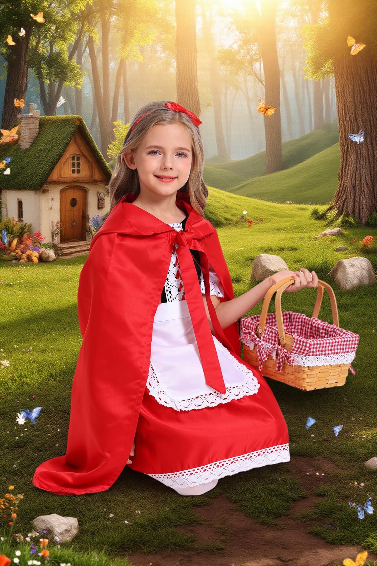 Mosong Little Red Riding Hood Costume for Girls Kids Halloween Christmas Cosplay Costumes Dress and Red Hooded Cloak MS032XXL - Image 3