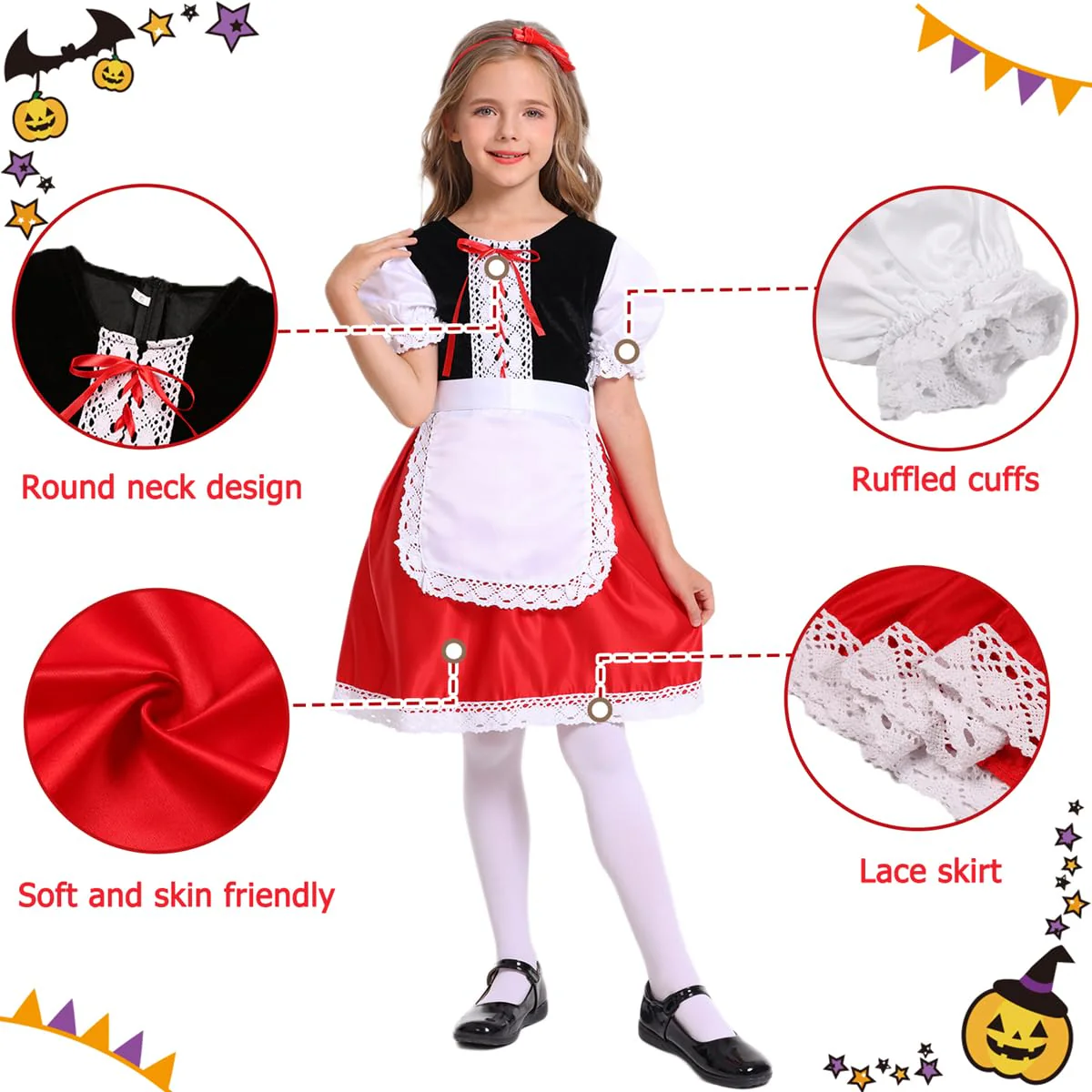 Mosong Little Red Riding Hood Costume for Girls Kids Halloween Christmas Cosplay Costumes Dress and Red Hooded Cloak MS032XXL - Image 4